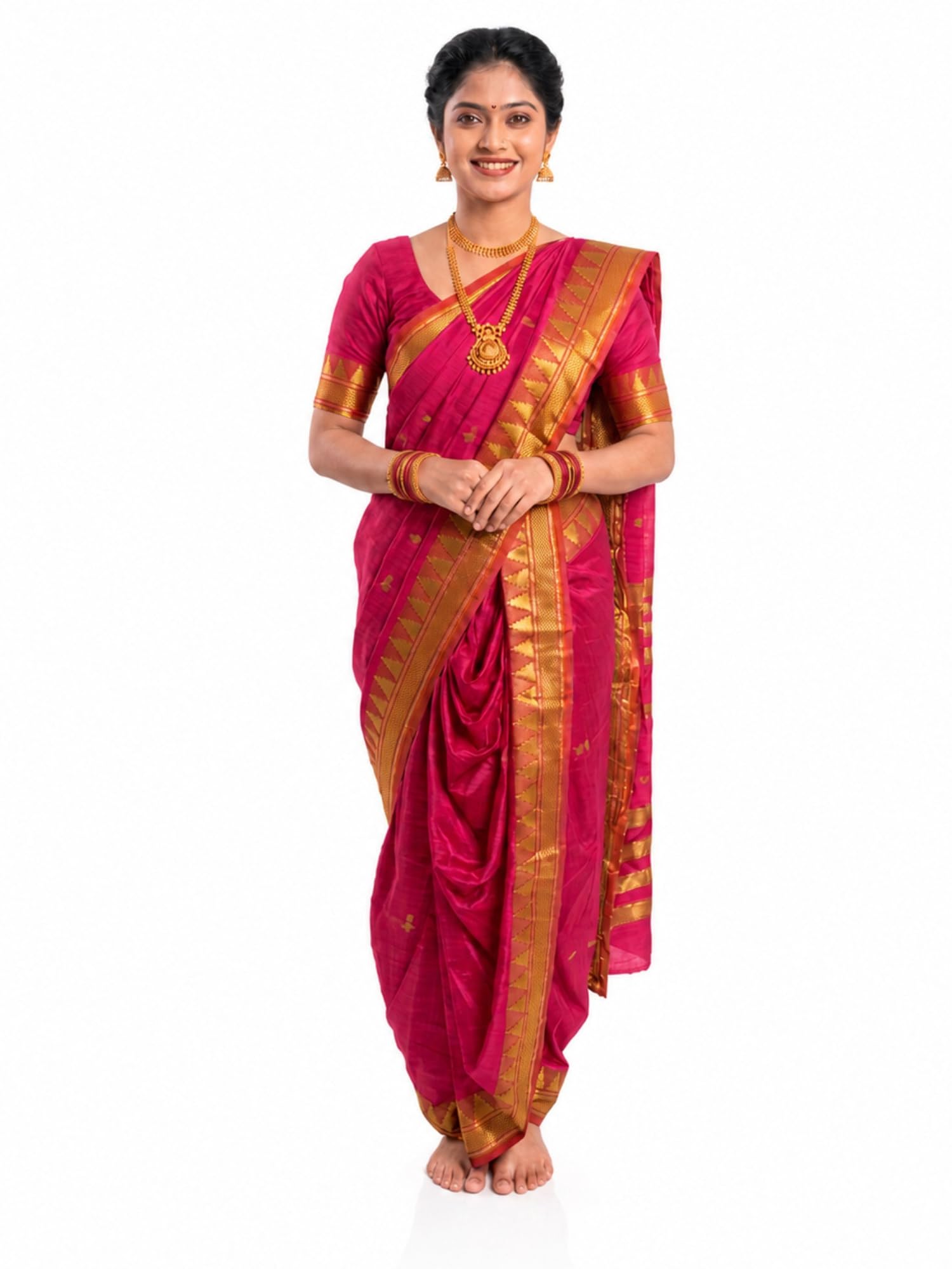 Women Ready to Wear Nauvari Saree, Maharashtrian Peshwai Paithani, 9 Yard Readymade, Acrylic Cotton, Free Size, Traditional Ethnic Saree, with Blouse Piece-image-10