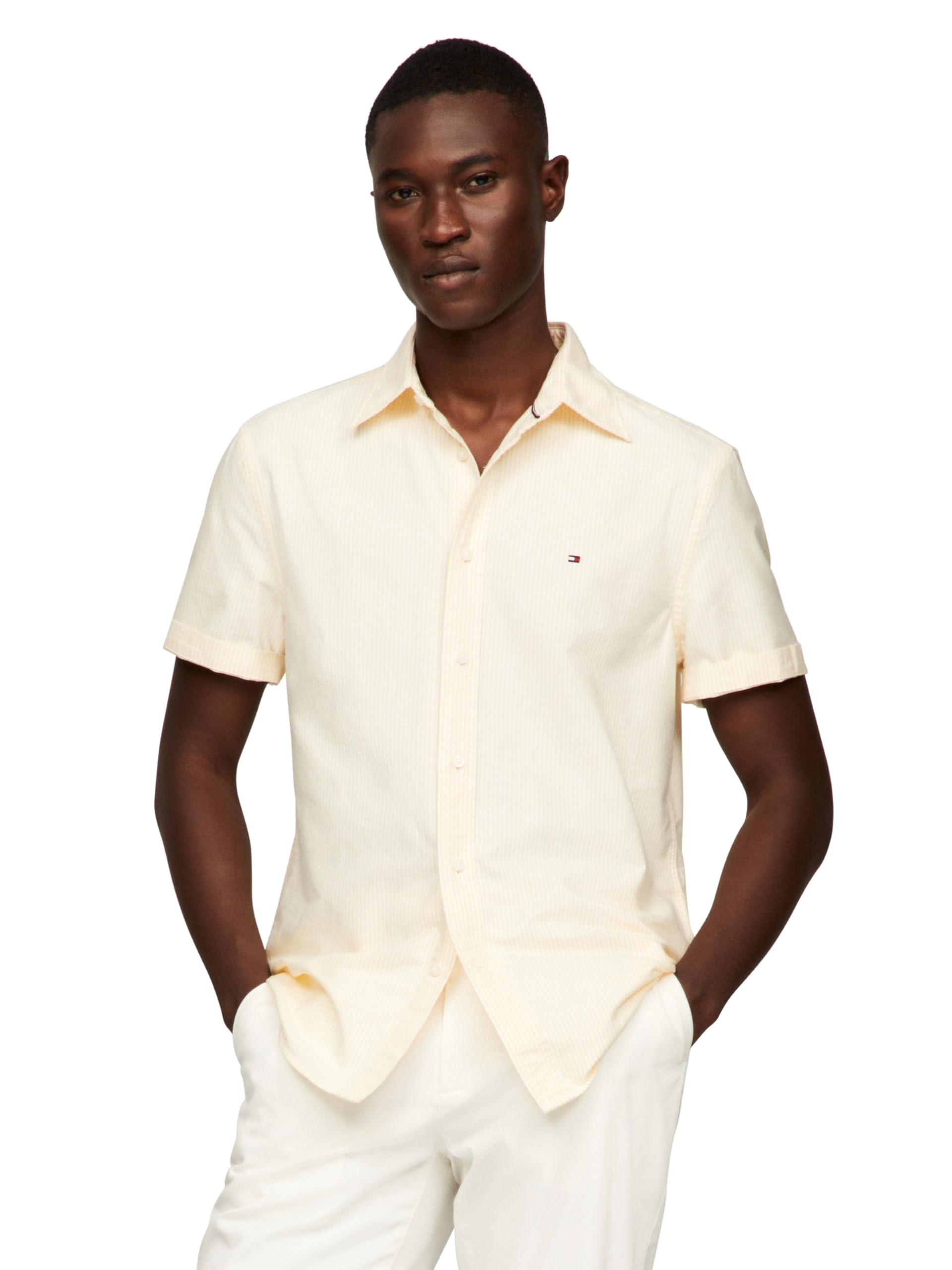 Tommy Hilfiger Short Sleeve Oxford Regular Fit, Men's Button Down Shirts, Citronella/Optic White, XL
