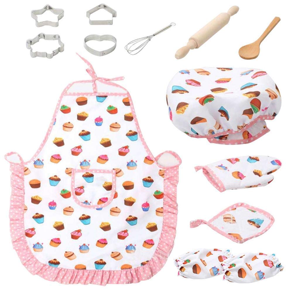 Cvghnfk Toys 13 Pcs Chef Set for Kids, Kitchen Cooking and Baking Kits, Dress Up Role Play Toys lncludes Apron, Chef Hat, Oven Gloves, Wooden Spoon, Cookie Cutters, Egg Beaters for Little Girls Gift