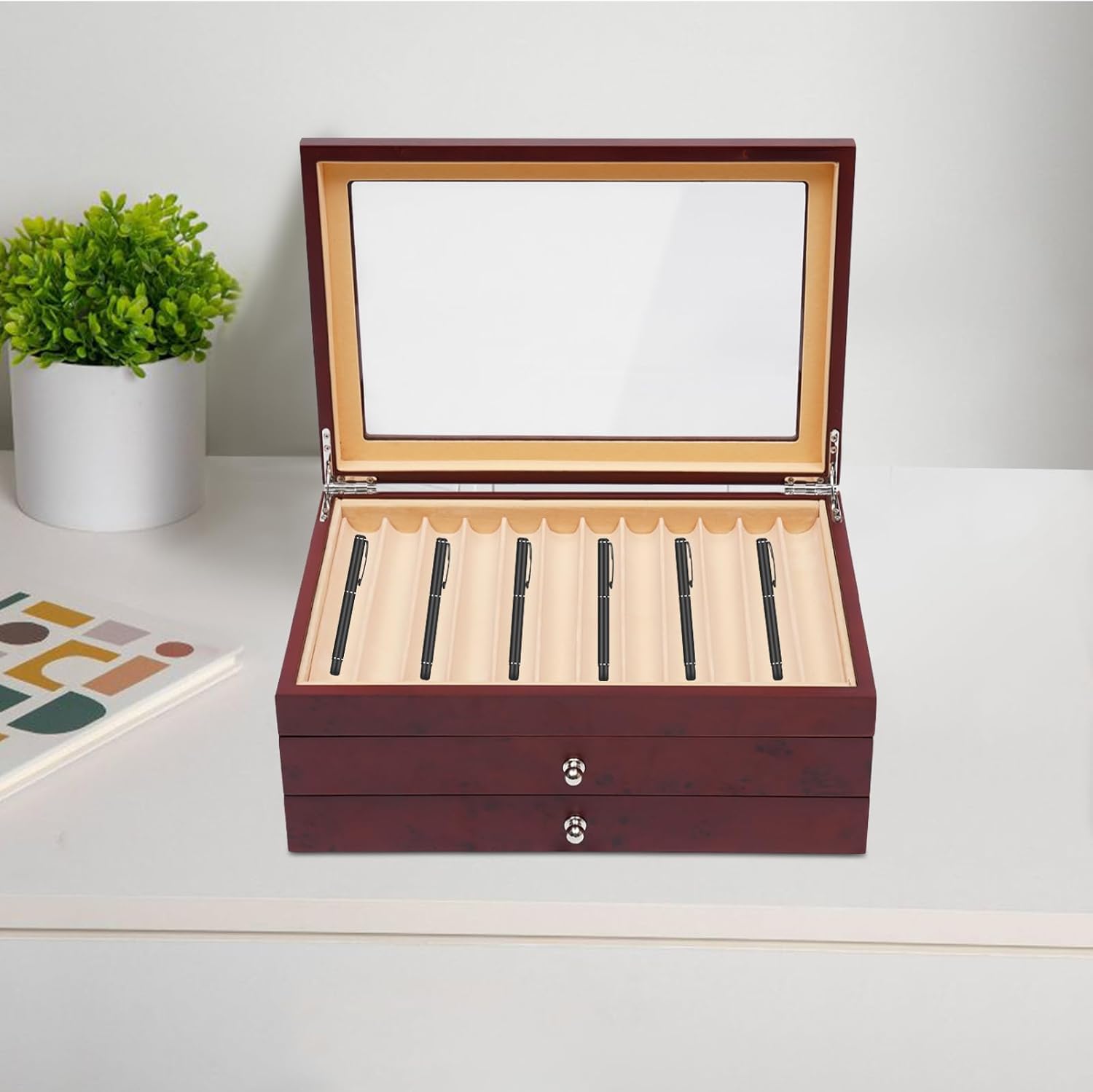 3 Layer Wood Pen Display Box, 34 Slot Wood Pen Display Organizer with Visible Glass Lid, Red Fountain Pen Storage Box for Desk, Study, Living Room