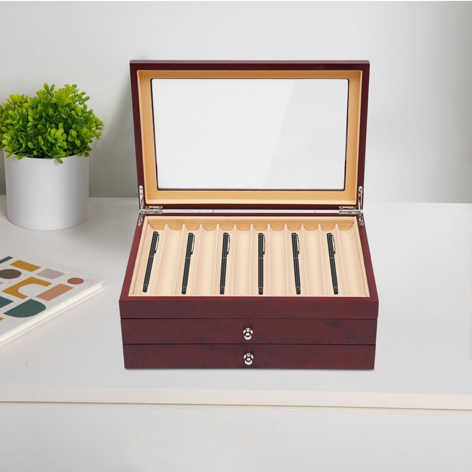 Scatola portapenne rettangolare retrò a 34 livelli, portapenne in legno + organizer per vetrina, coperchio visibile, cerniere robuste, per la conservazione di molti diversi tipi di penne