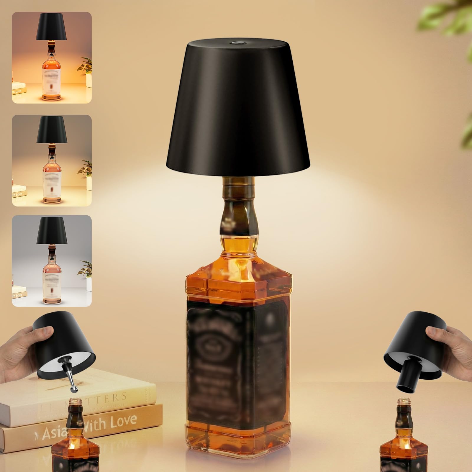 UPXNBOR LED Flaschenlampe, Flaschenlicht, Tischlampe Kabellos Akku für Innen & Außen - 3 Lichtfarben Stufenlos Touchdimmbar, IP54 Wasserdicht, Vollmetallgehäuse, 5300 mAh, Onyx