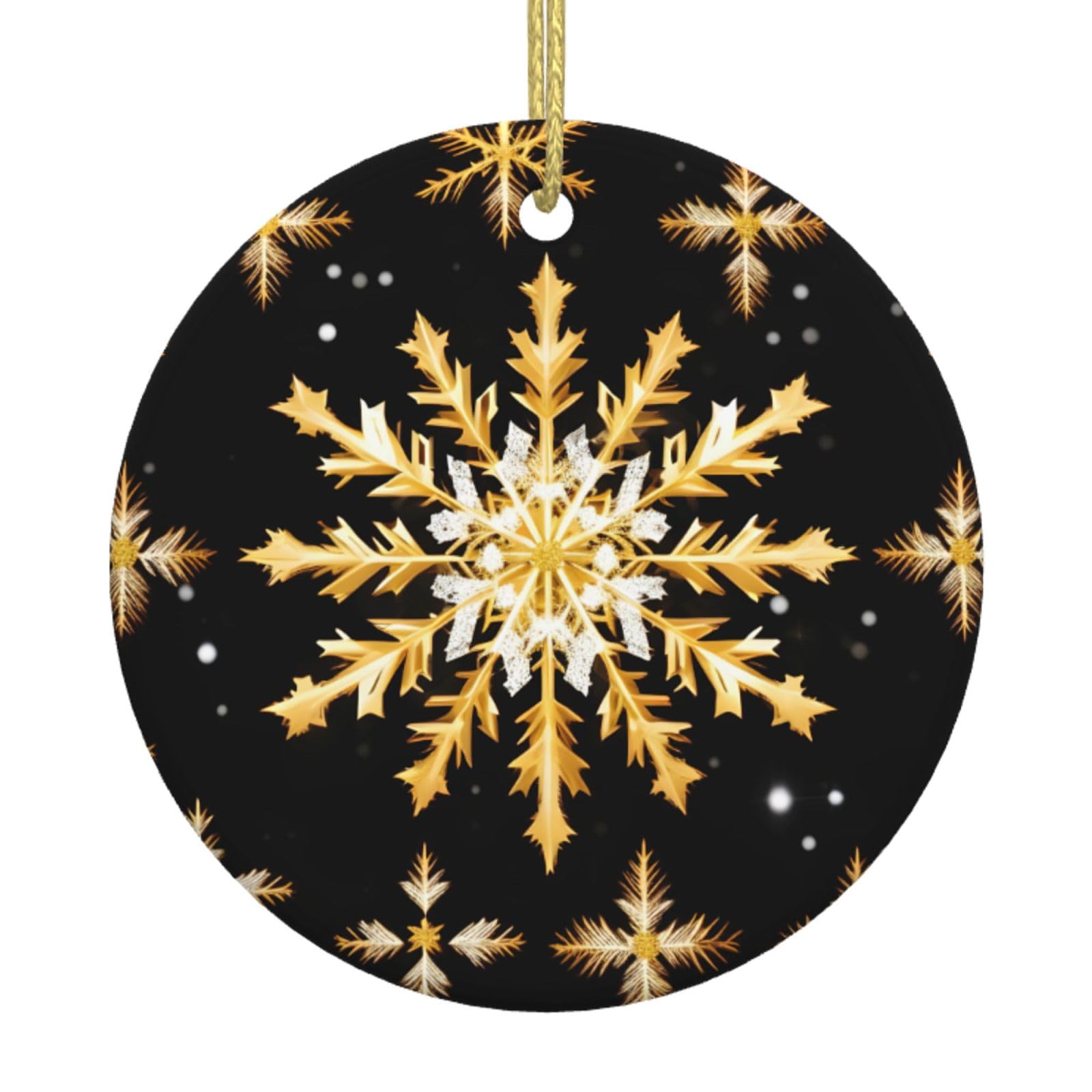 Golden Christmas Snowflake Print Christmas Ornaments, Ceramic Hanging Ornament, Round Shape Decorations