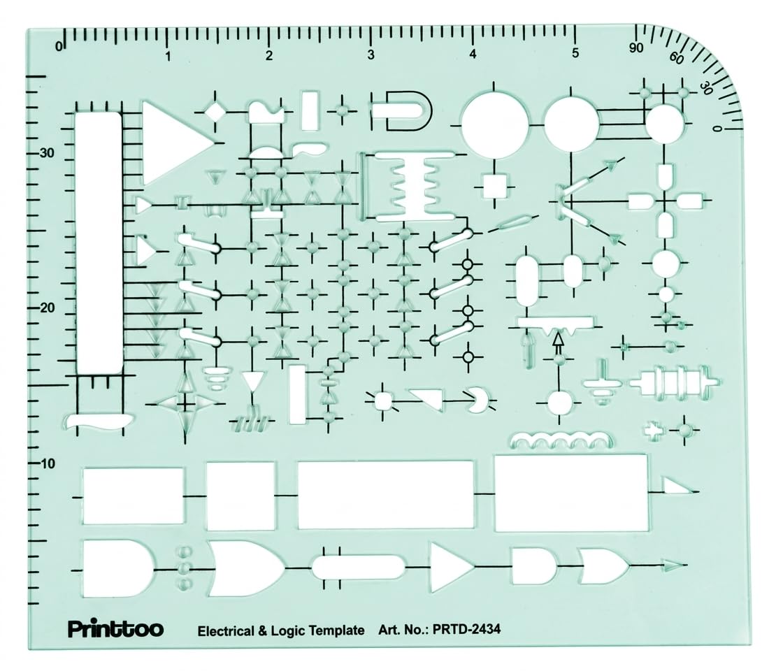 Printtoo Circuit Diagram Drafting Stencil for Electrical & Logic Symbols, 2mm Transparent Engineering Template Ruler with Logic Gates, Electronic Component, Angle Guide and Scale for Technical Drawing