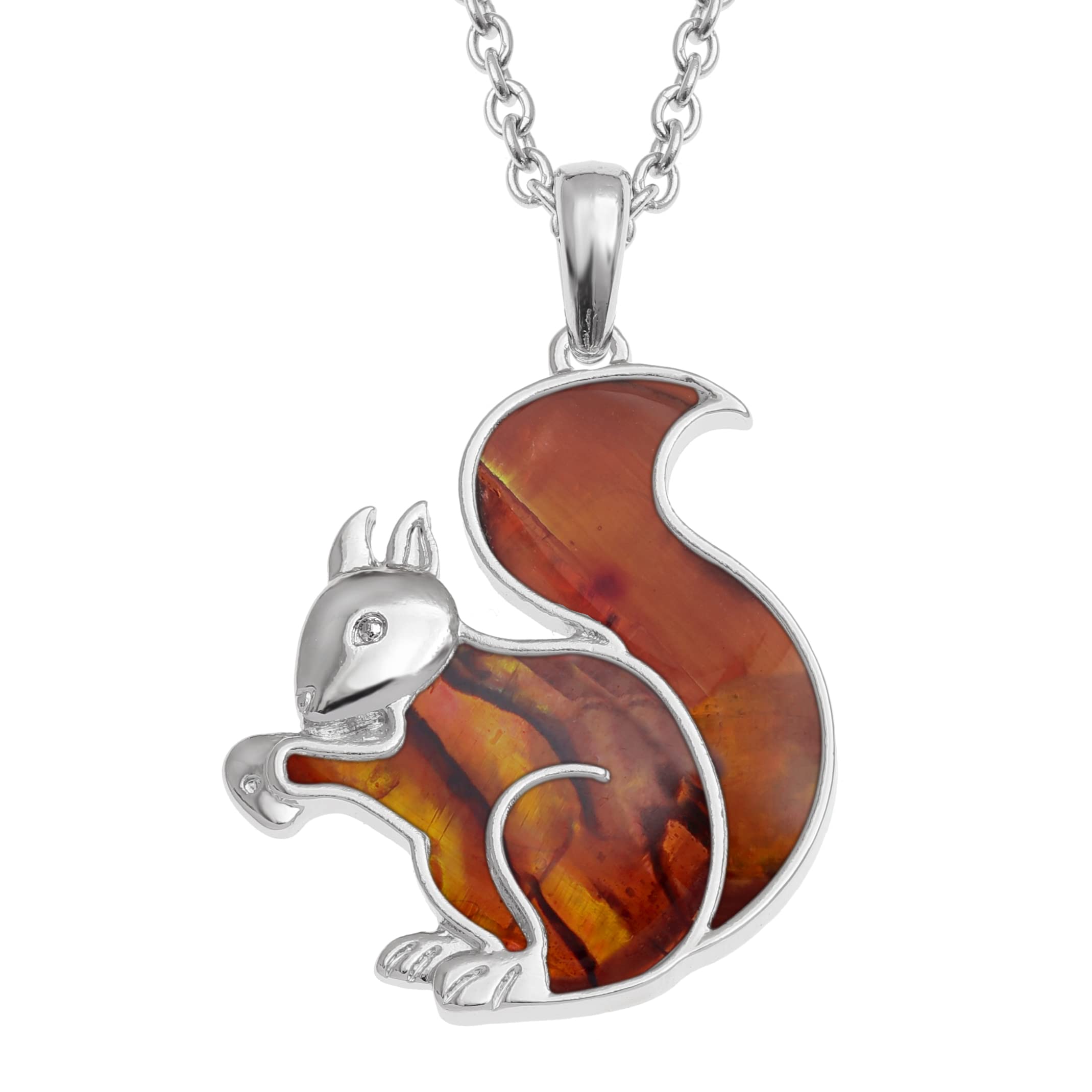 Kiara JewellerySquirrel Pendant Necklace Inlaid With Natural Brownish Red Paua Abalone Shell on 18" Trace Chain. Anti Tarnish Plating