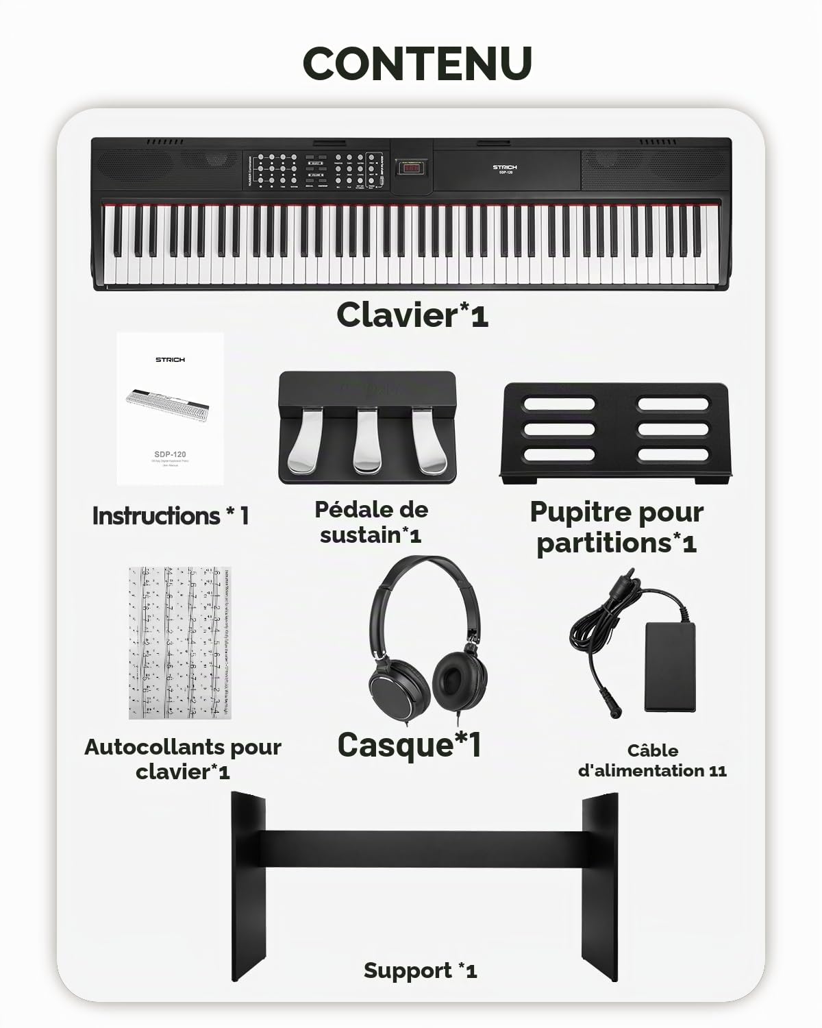 STRICH Piano à clavier numérique pondéré à 88 touches avec support et pédale de sustain, piano numérique à action marteau, clavier de piano électrique pleine grandeur supportant USB-MIDI/connexion