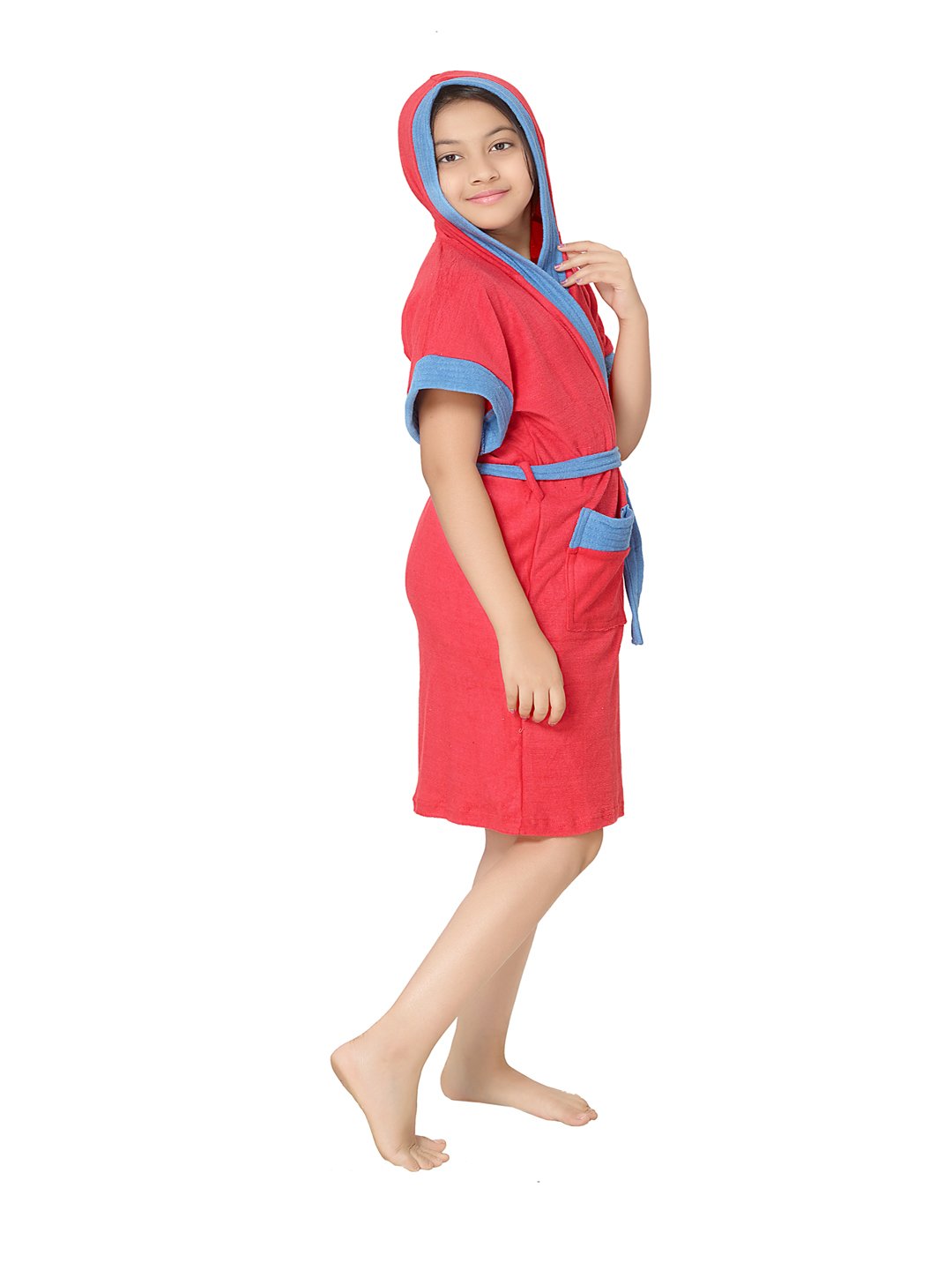 SAND DUNE Kids Girl Hood Bathrobe | Terry Cotton Shower Gown | Half Sleeve Knee Length Girls Bath Robes | Pocket with Waist belt | Cherry Red Bathrobe | 12-13 Year - Image 2 thumbnail