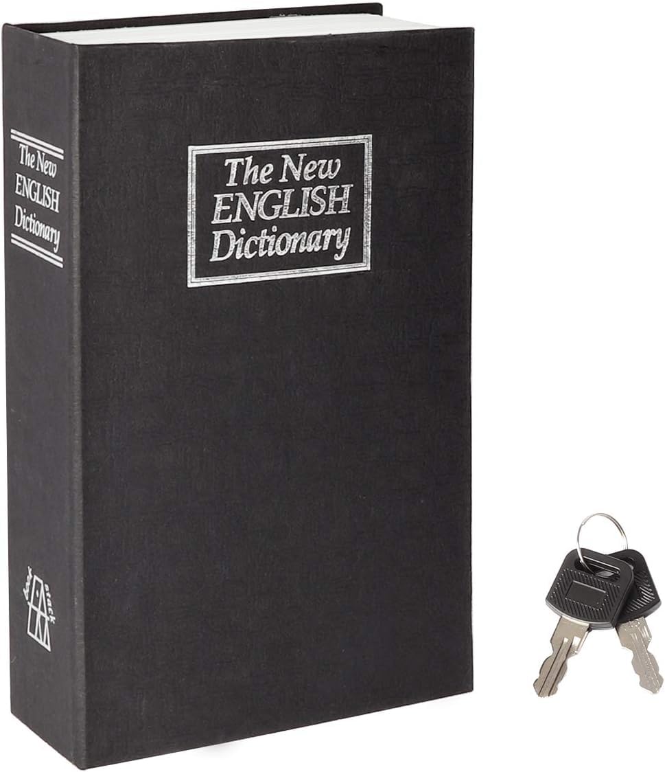 GOLD LEAF Book Safe with Key Lock – Portable Metal Safe Box, Dictionary Diversion Safe, Secret Hidden Book Safe for Money, Silver, Jewelry (Black)