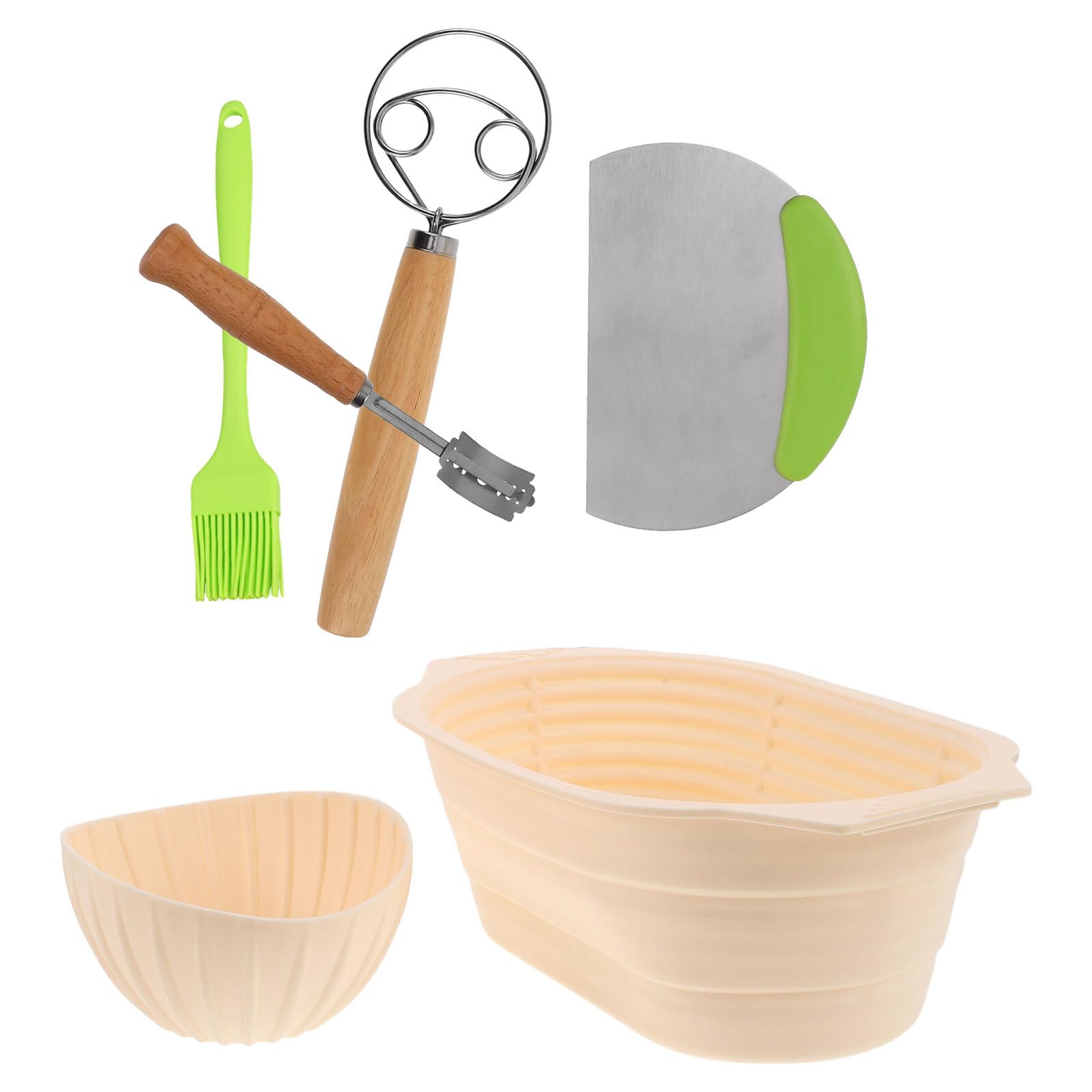 Juego de Cestas de Fermentación para Pan en Silicona Flexible Beige, Cesta Ovalada y Bol Pequeño para Masa Madre, Cortador de Acero Inoxidable, Espátula, Batidor y Brocha