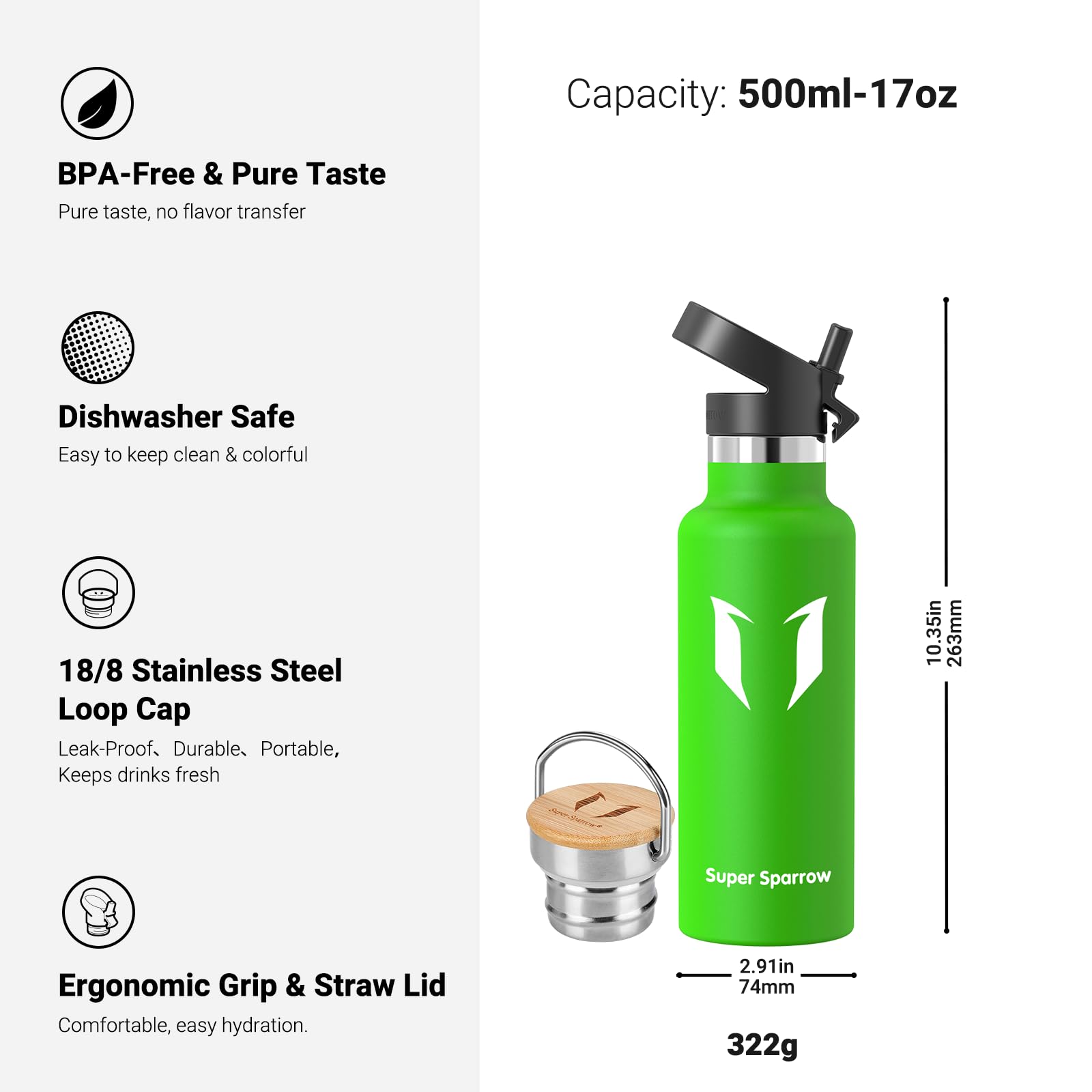 Super Sparrow Borraccia Termica - Bottiglia Termica Senza Perdite - 350ml/500ml/620ml/750ml/1L - Senza BPA Borracce Bambini - Per Scuola, Sport, Campeggio, Palestra, Ciclismo - Con 2 Tappi