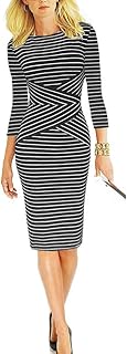 REPHYLLIS Women 3/4 Sleeve Striped Wear to Work Business Cocktail Pencil Dress