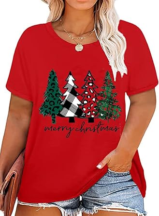 Plus Size Christmas Tree Tshirt Womens Merry Christmas Graphic tee Merry and Bright Short Sleeve