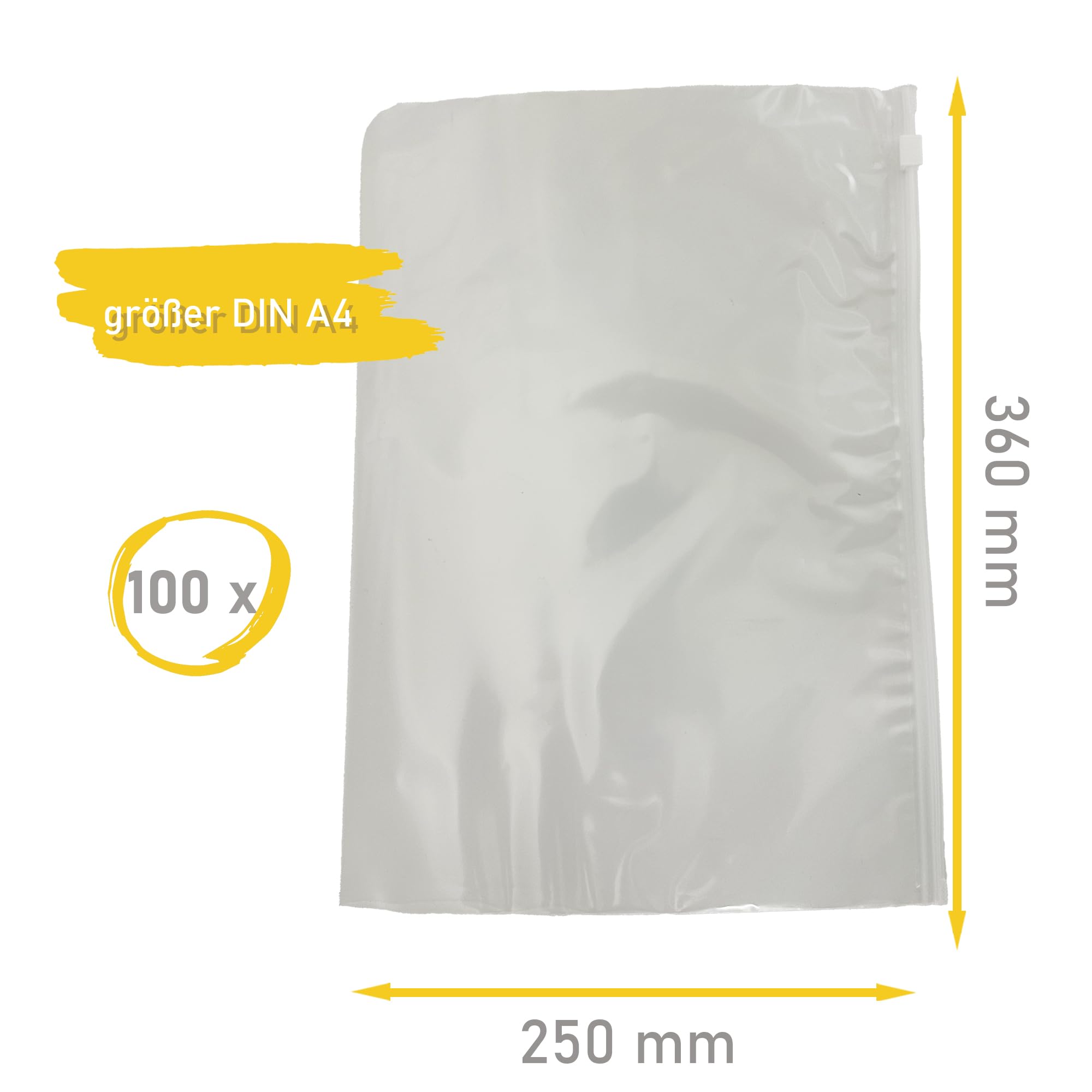 100 Cartelle Portadocumenti 360 x 250 mm, Sacchetti con Cerniera in LDPE | Buste trasparenti impermeabili e resistenti agli strappi con chiusura a scorrimento, ideali per documenti oltre formato A4
