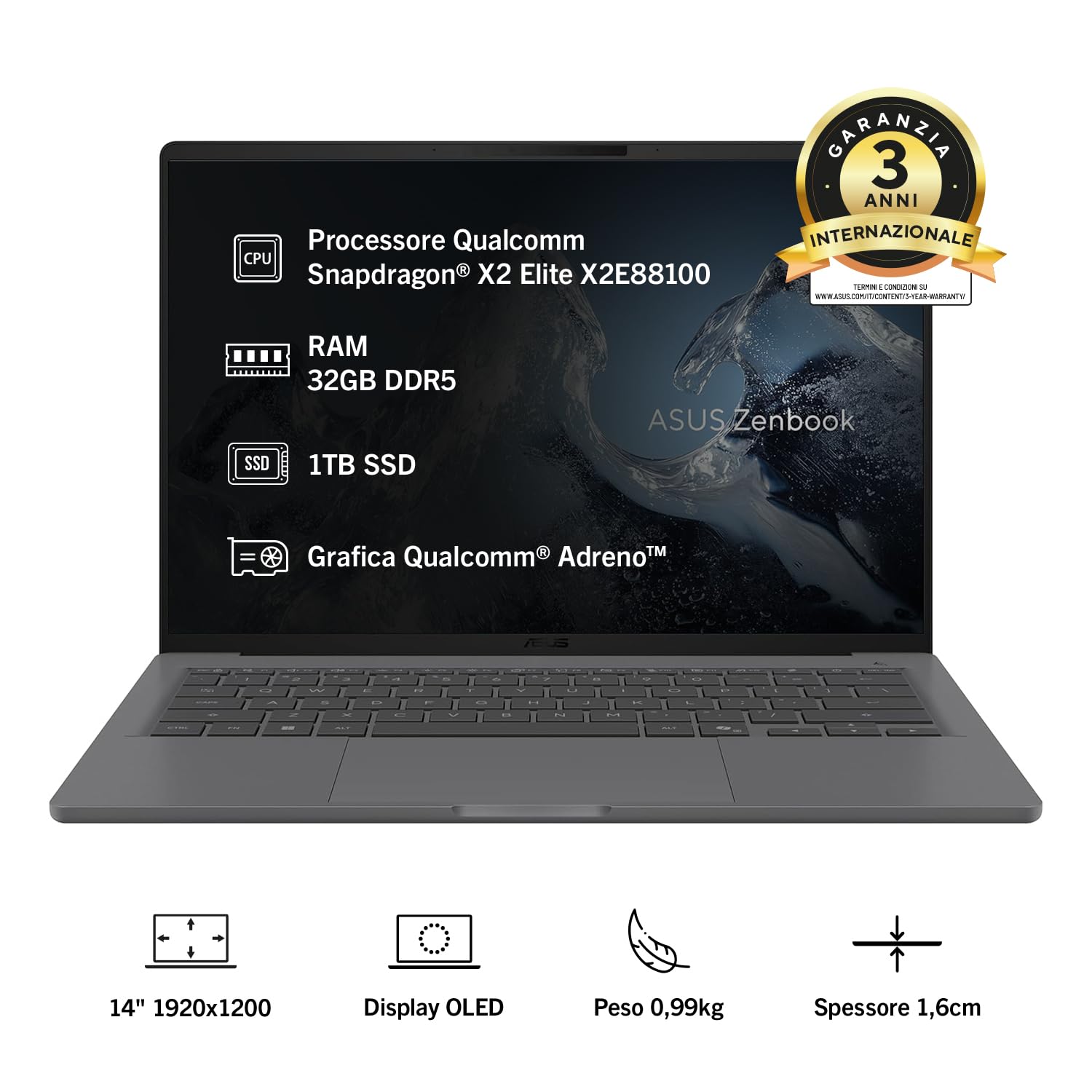 ASUS Zenbook A14 UX3407NA#B0FZL6J1P7, Notebook con display 14" OLED, Glossy, 60Hz, processore Snapdragon® X2 Elite X2E88100,RAM 32GB, 1TB SSD, WIN11 Home, Grigio
