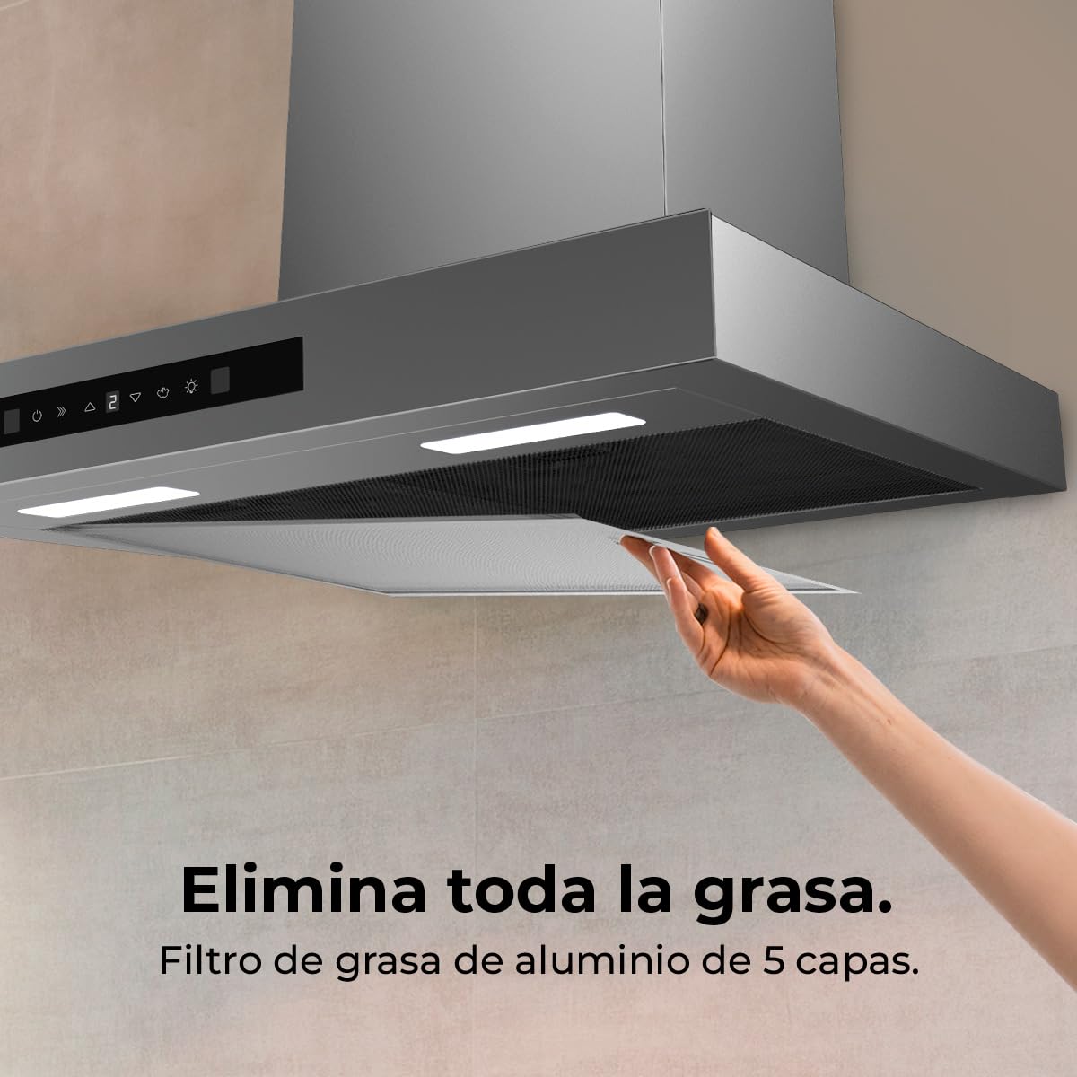 Cecotec Campana Extractora 90 cm Flux TT 908000 Glass Black A++, Clase A, 210W, Fuerza de succión de 800 m³/h, Acabado inoxidable, Control táctil, Hand Movement Control, Delay Funtion, Iluminación LED