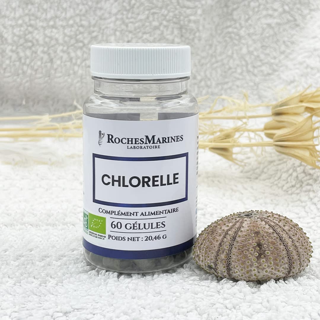 Roches Marines - Complément alimentaire Chlorelle BIO - Vitalité - Détoxification de l'organisme - Apport en vitamines, minéraux et chlorophylle - 60 gélules - Développé en France