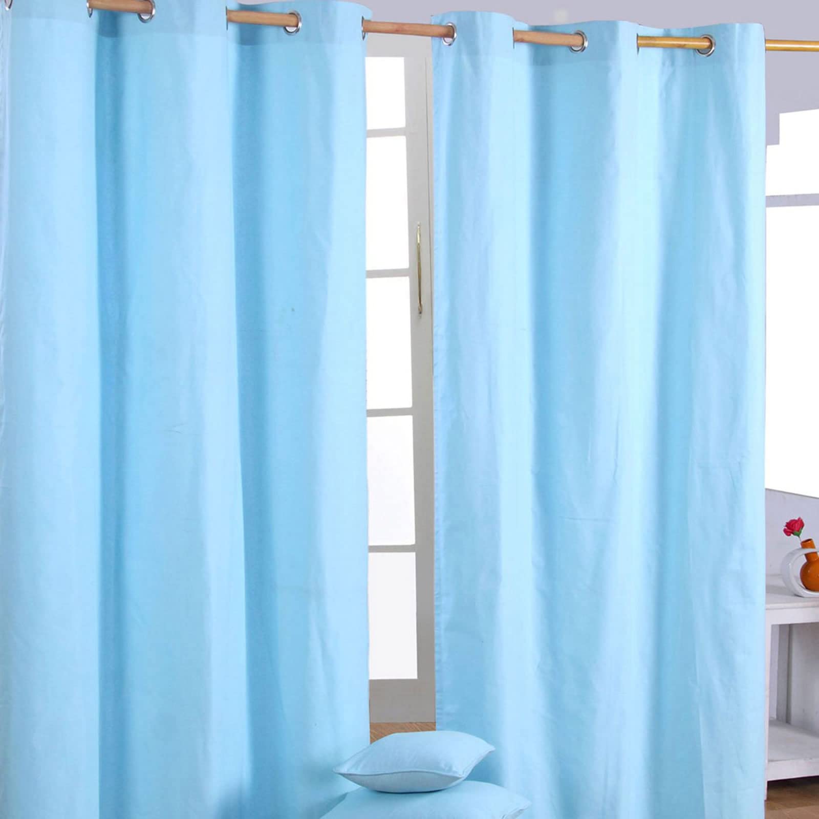 Homescapes Blue Eyelet Curtain Pair 137Cm (54") Wide X 182Cm (72") Drop Plain Heavy Unlined Curtains