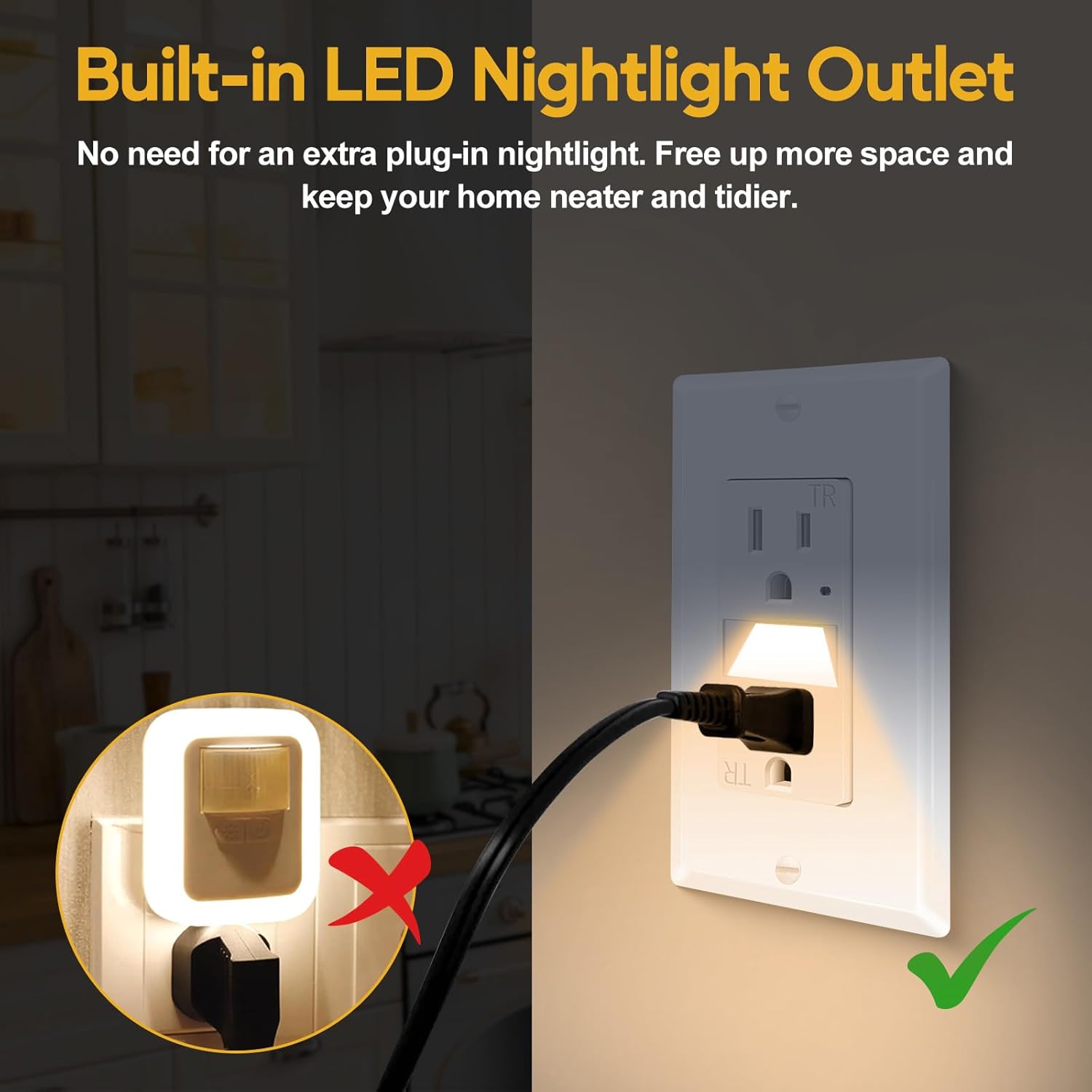 3 Pack 15 Amp Outlet with Auto-Induction LED Night Light, 15A Tamper-Resistant Wall Outlet, ETL Certified, 0.1W Energy-Efficient, Ideal for Hallways, Bedrooms, Kitchens & Home Use
