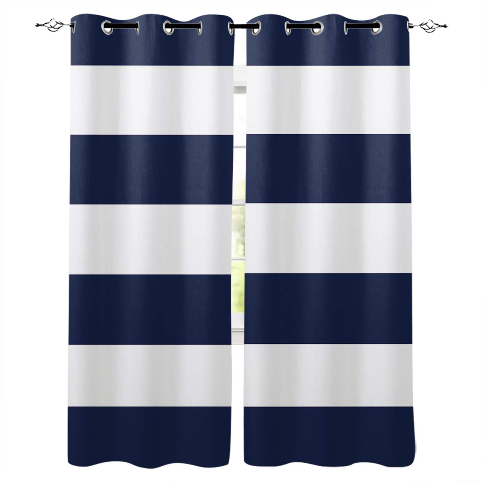 SEVENBABU Stripes Navy and White Blackout Curtains for Bedroom, 84 Inches Long Black Out Curtains for Living Room, Window Treatment Grommet Thermal