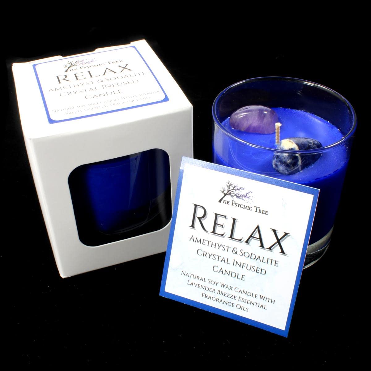 Relax - Healing Crystal Infused Scented Candle Infused with Amethyst and Sodalite Crystals, Scented with The Delicate Fragrance of Lavender Fragrance Oils.
