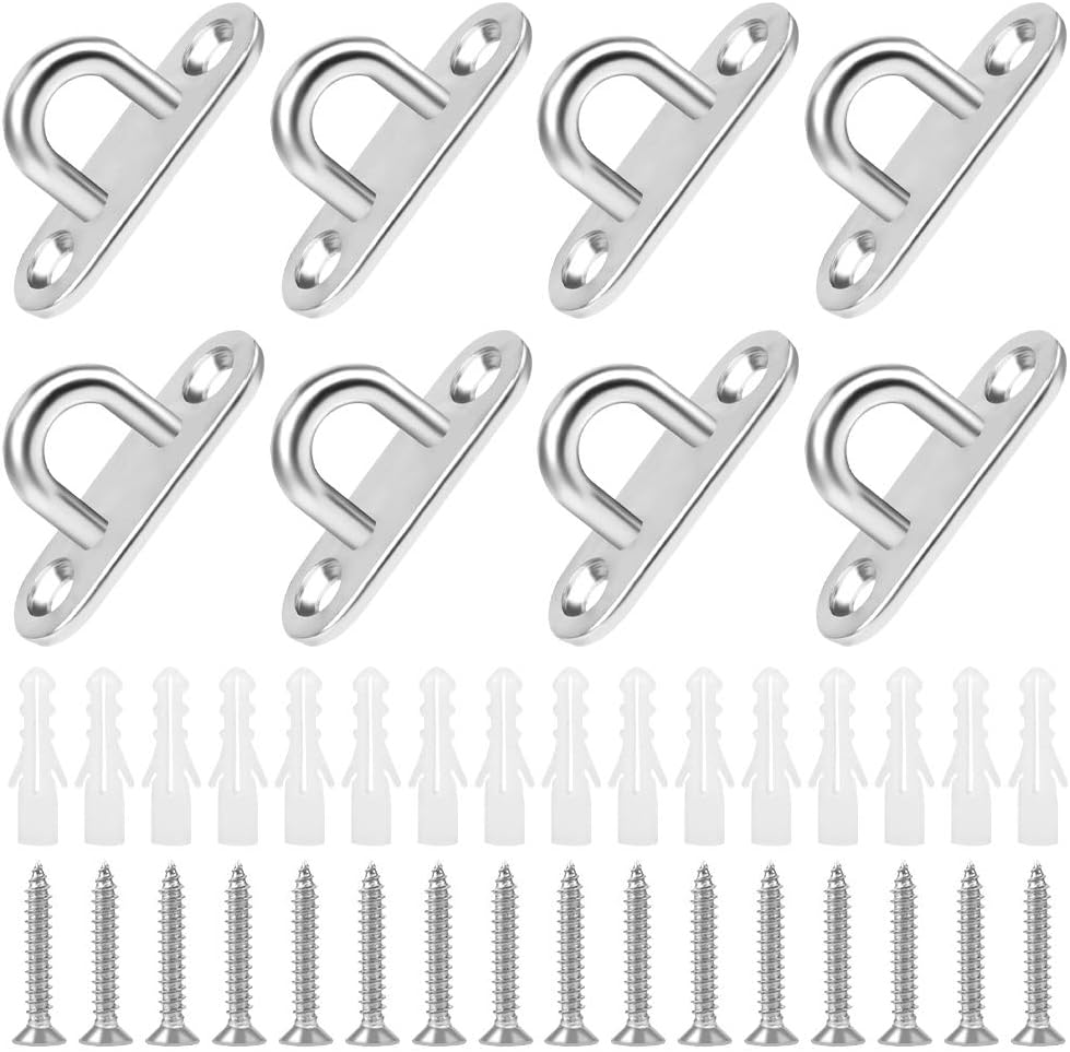 Fumanduo Pack of 8 Stainless Steel Eye Plate with Eyelet, Oblong Pad, 5 mm, Durable Wall Mount, Clamp Hook, Mounting Hook, Deck Plate, Mast Plate for Awning, Punching Bag, Holds up to 40 kg, 16 Screws