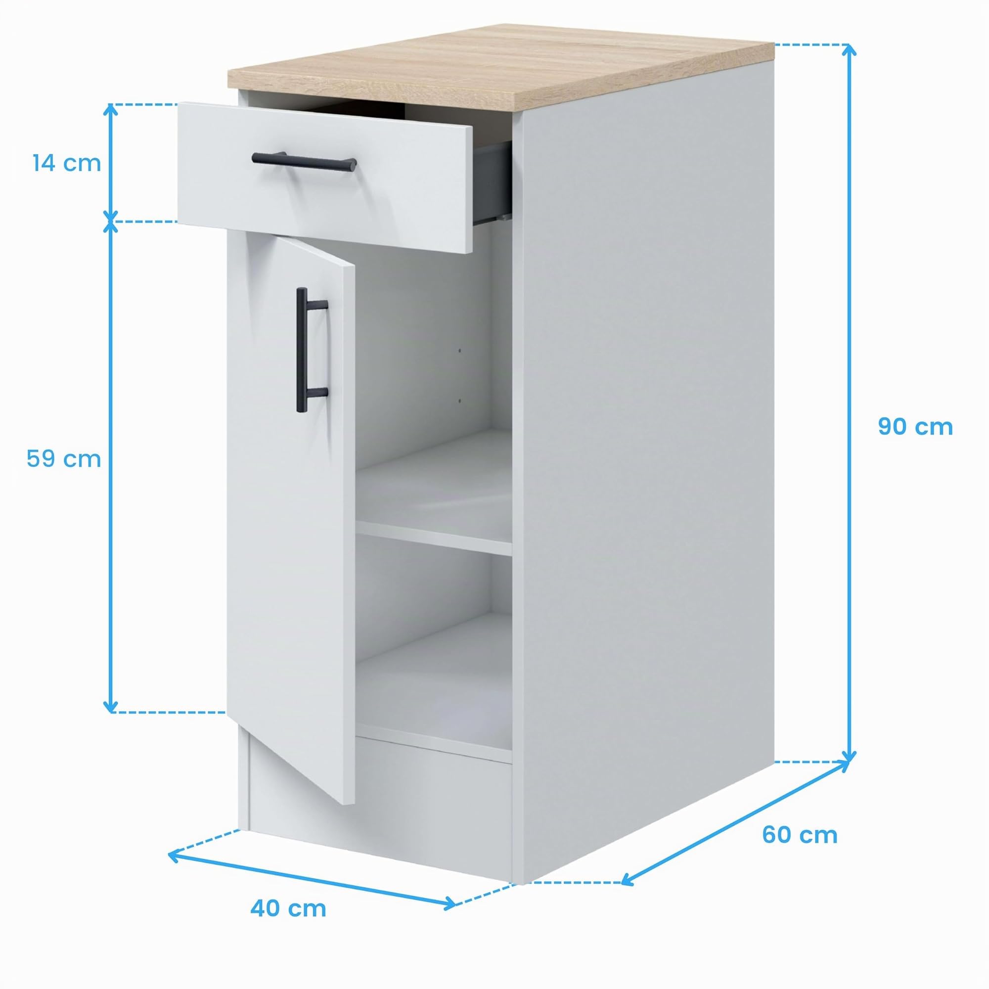 Miroytengo Módulo Inferior Cocina Estrecho Moderno Kira 1 Puerta 1 Cajón Blanco Brillo y Roble Canadian 40x90x60 cm