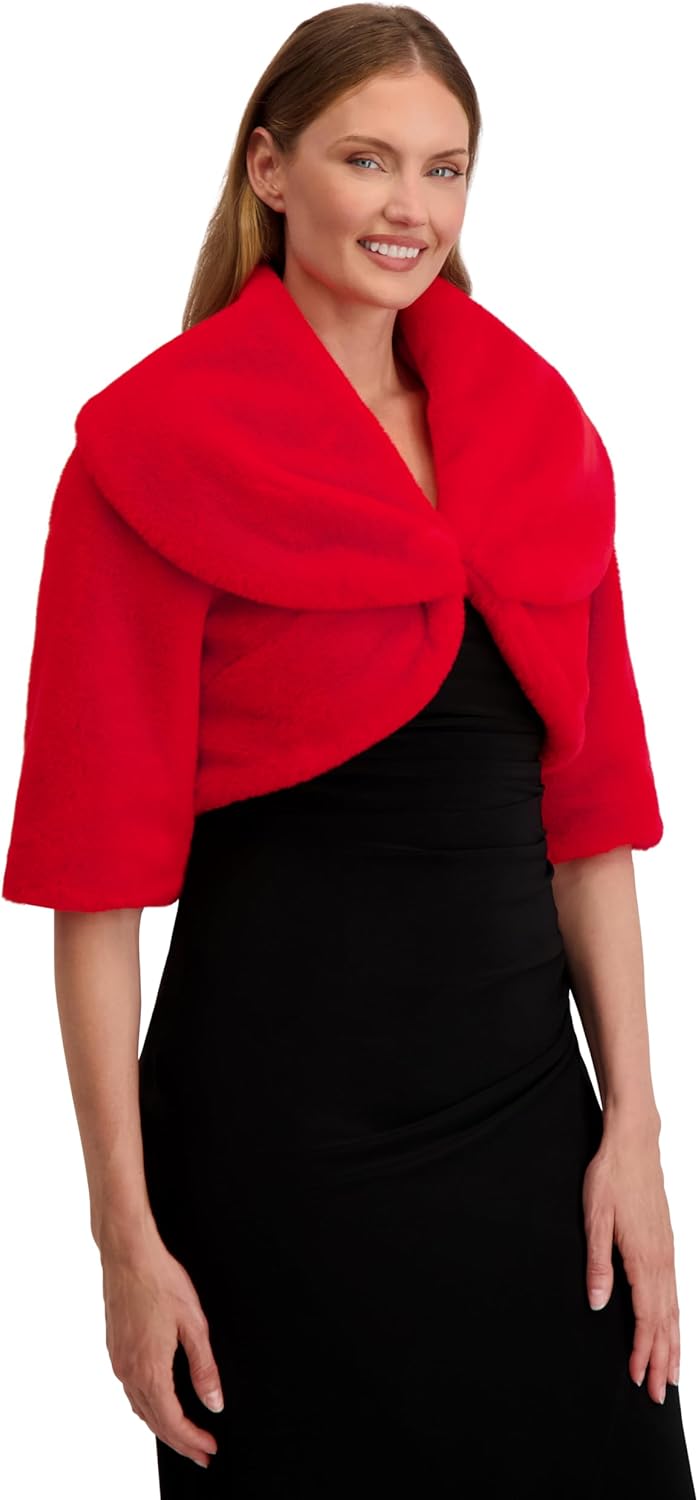 Laundry by Shelli Segal Women's Anita Shawl Faux Fur Jacket –Shrug, Cherry - Image 3