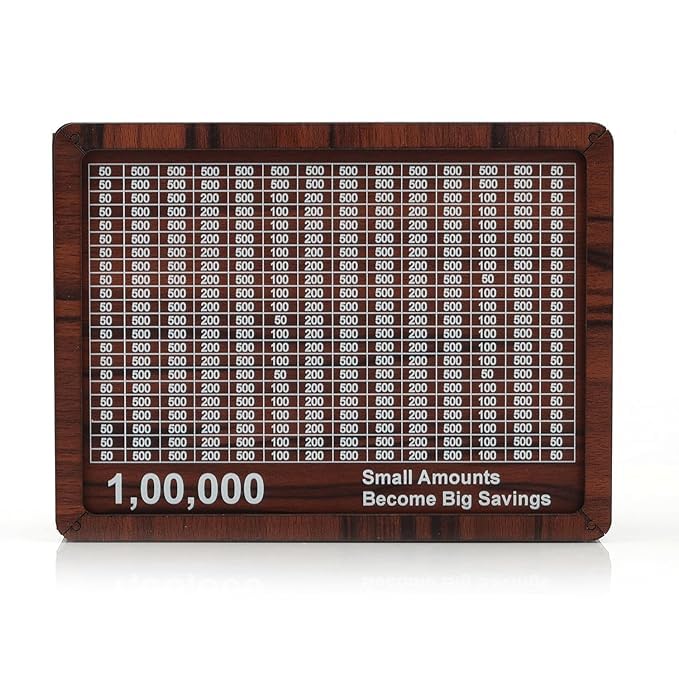 Wooden Money Saving Box, Decorative Piggy Bank with 1,00,000 Grid Pattern, Brown, 8 x 6 x 3 inch Collection Box
