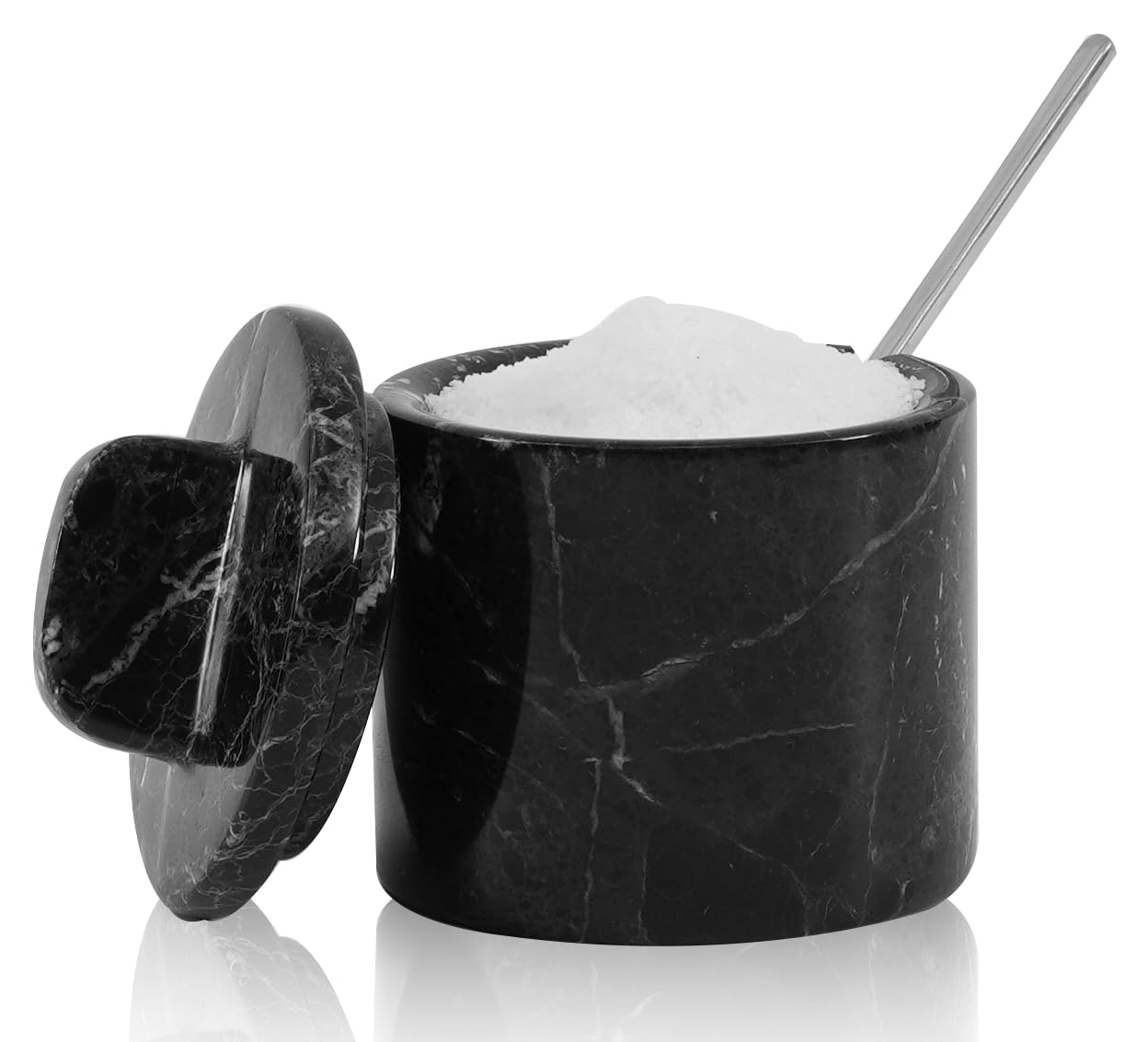 Bodega de sal de mármol con tapa y cuchara de 4 pulgadas, caja de sal de piedra negra para condimentos, hierbas y azúcar, tarro decorativo para especias, recipiente de almacenamiento para