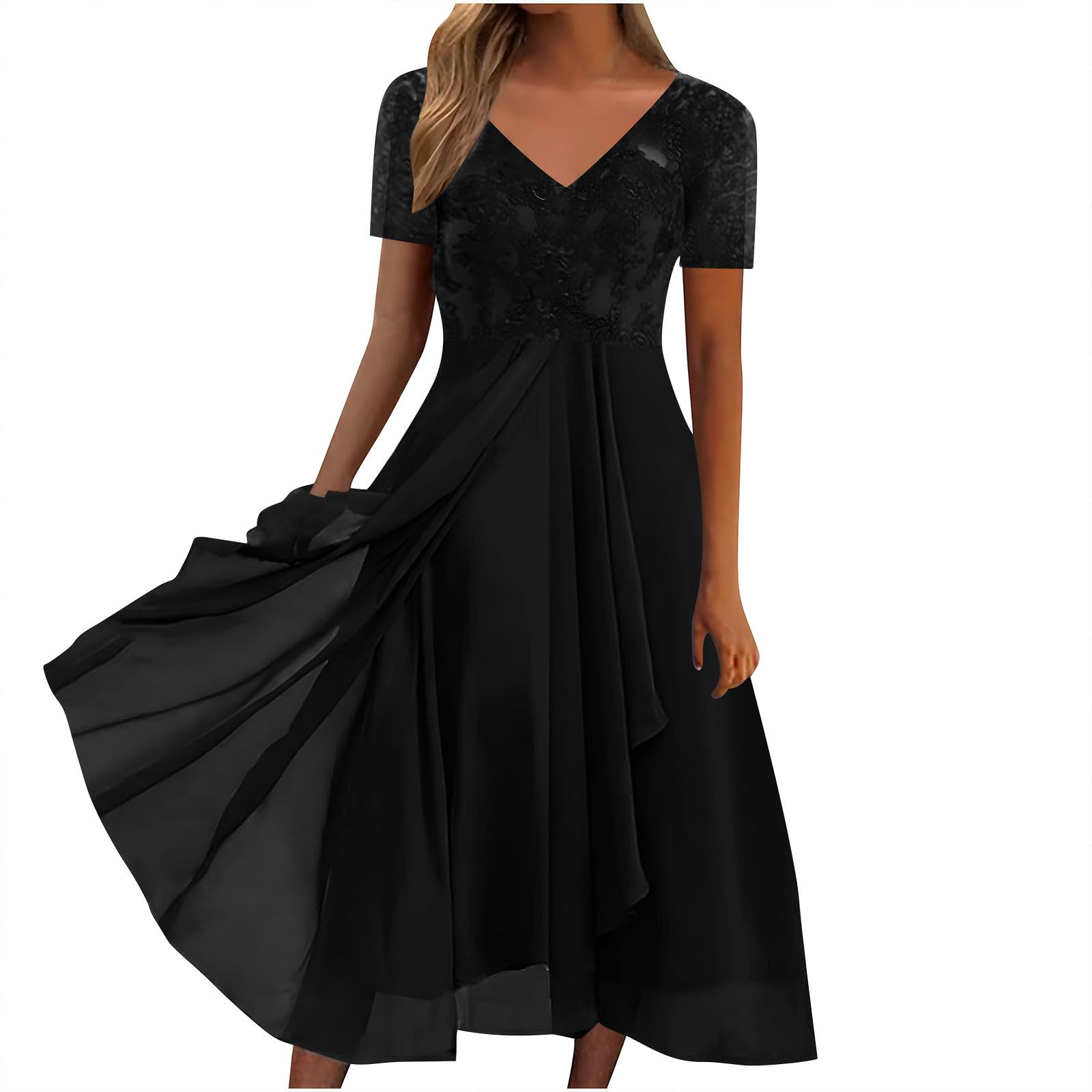 AMhomely Elegant Dress Women UK-Lace V Neck Cocktail Dresses,Plus Size Cap Sleeve Evening Gown,Ruffle Tiered Layers Dresses,Lace Patchwork V Neck A-line Dress,Holiday Vacation B Black 3XL
