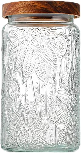 ANSQU Tarro de almacenamiento de vidrio vintage, contenedor de almacenamiento de vidrio de 33.8 onzas líquidas con tapa de madera hermética para