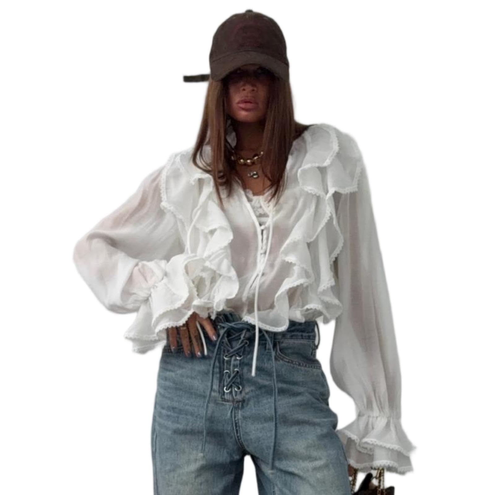 JCVBN - Camicetta da donna con scollo a V e maniche a balze, stile casual, da ufficio, con scollo a V, orlo a volant, maniche a balze, vestibilità comoda, per ufficio e casual, poliestere