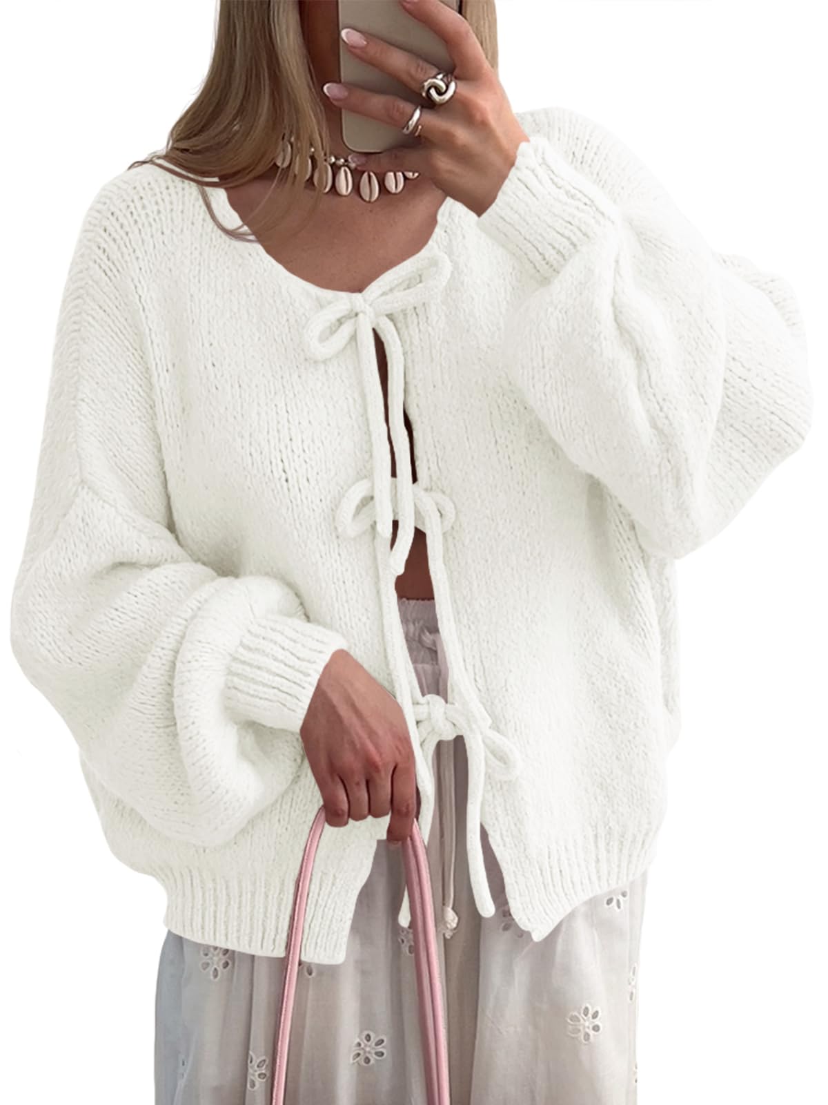 Photo 1 of Saodimallsu Womens Tie Front Cardigan Sweaters Cute Bow Puff Long Sleeve 2025 Fall Loose Ribbed Knit Trendy Sweater Tops White