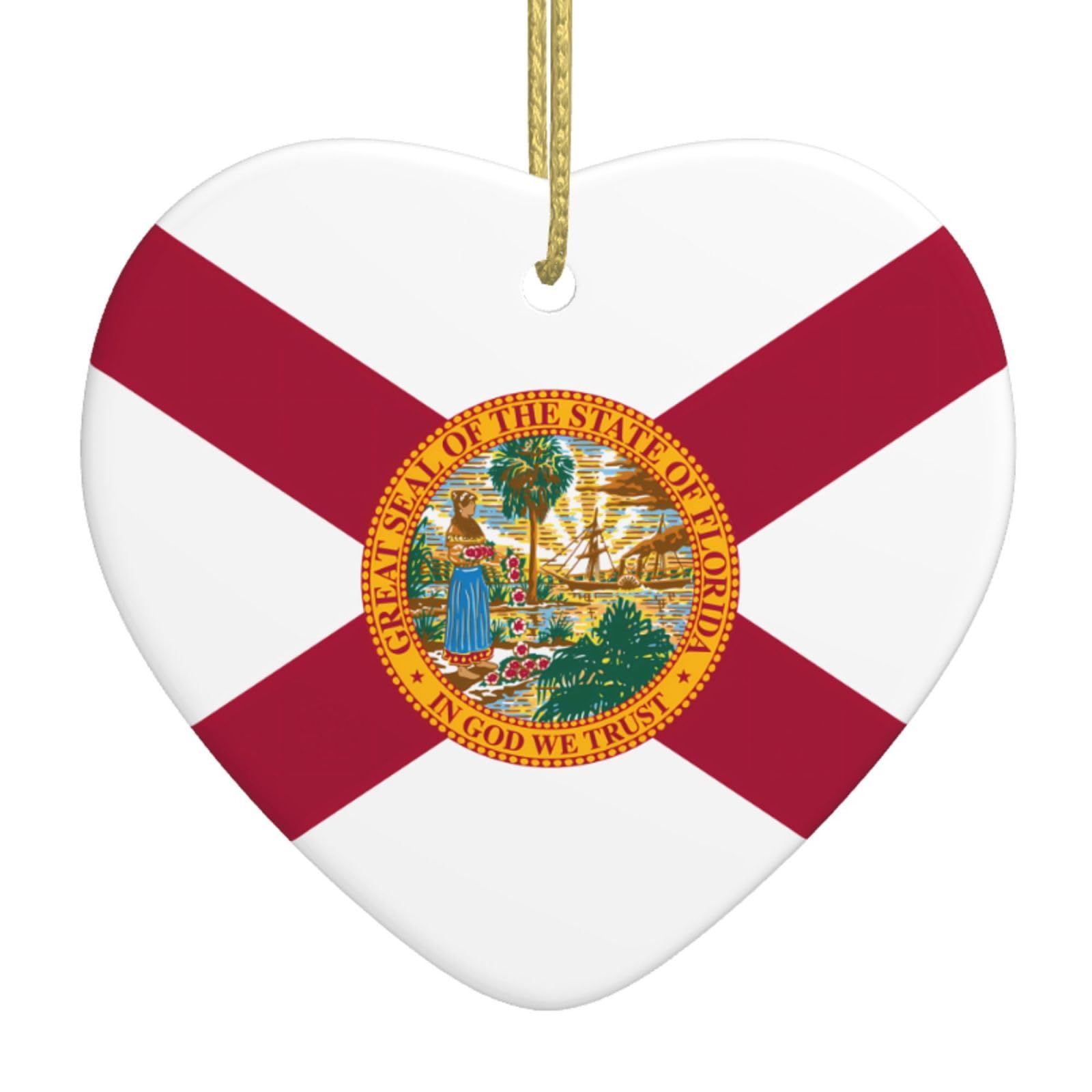Flag of Florida Ceramic Christmas Heart Pendant with Silk Thread, Christmas Tree Home Decoration