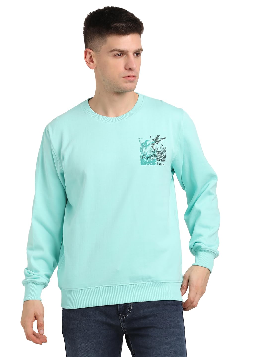 Men Turquoise Knitted Printed Round Neck Sweatshirt-image-41