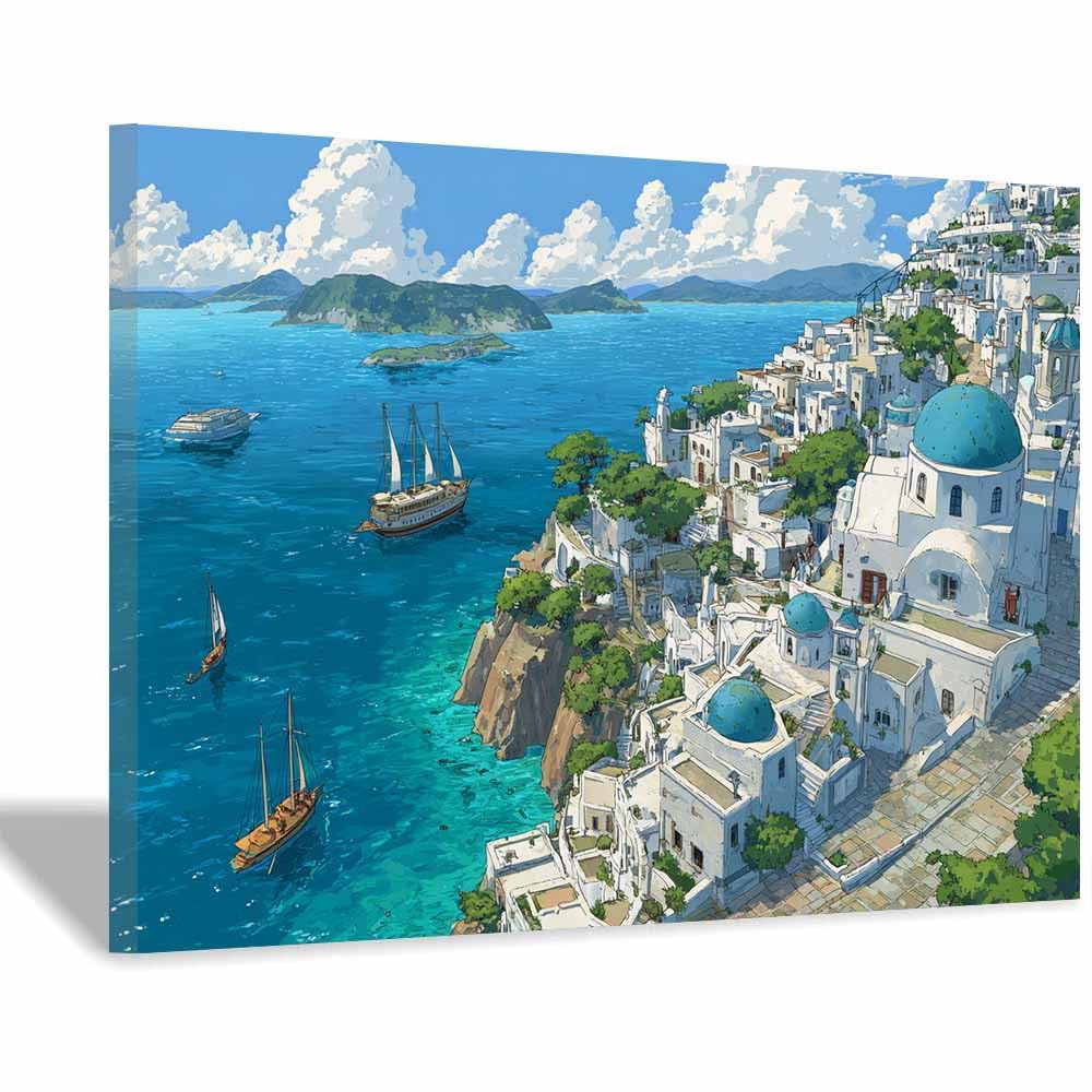 DMZPKZB Landscape Wall Art Santorini Coastsal Town Landscape Picture Artwork Prints,Vintage Poster Decor,For Living Room,Bedroom,kitchen,Office,Corridor(Multicolor)-70x100cm Framed
