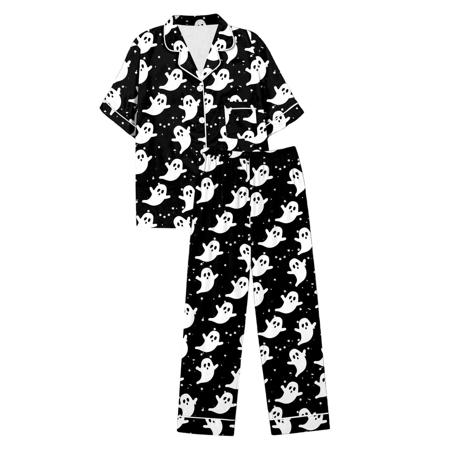 Genérico Conjuntos Pijama Mujer Halloween Top Manga Corta Abotonado Pantalones Cortos Satén Seda Noches Acogedoras Otoño Invierno