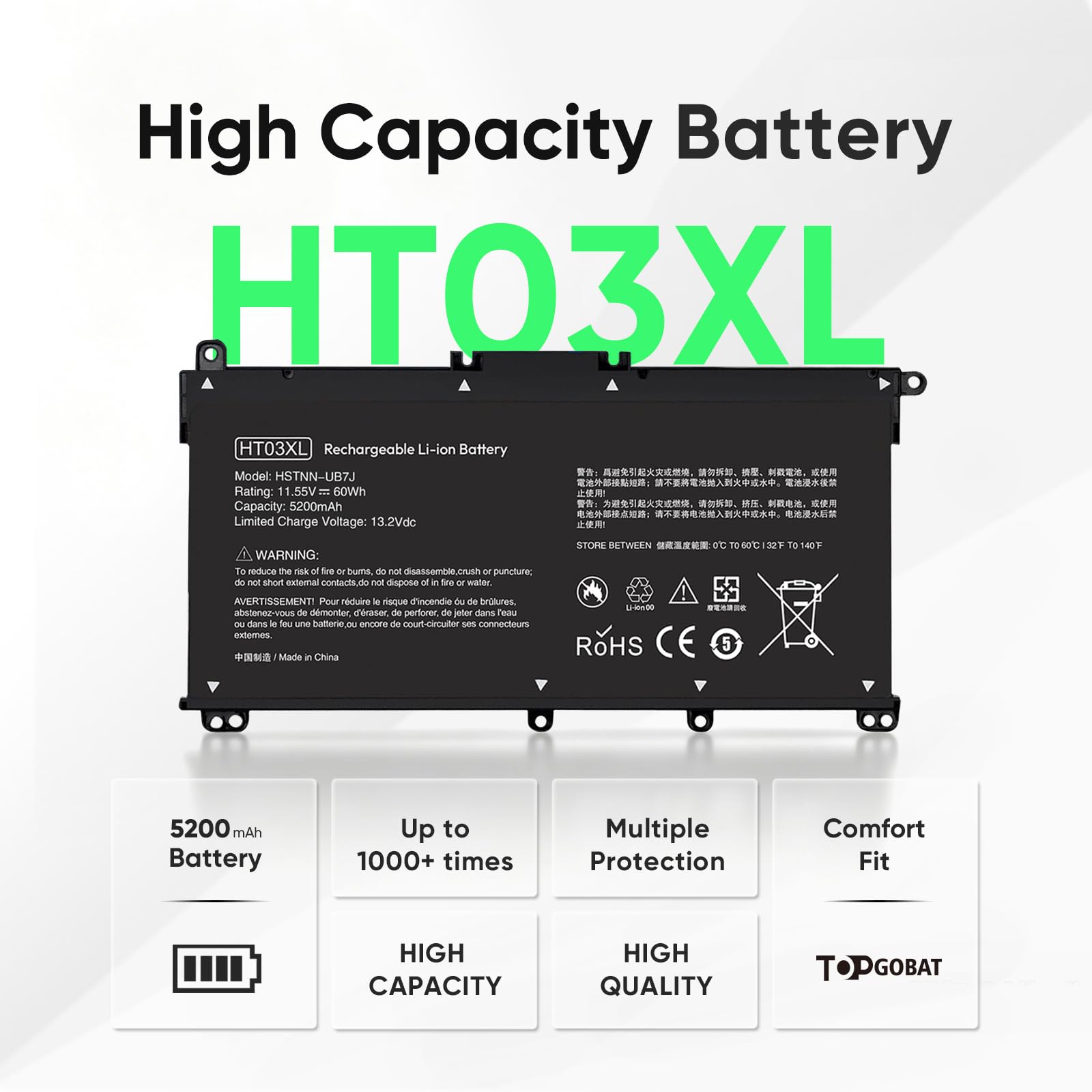 HT03XL - Batteria di ricambio per HP Pavilion serie 14, 15, 17, HSTNN-UB7J, HSTNN-LB7J, L11119-855, L11421-421, L11421-422, L11421-423, 11,55 V, 60 Wh, 52 00 mAh, 00mAh, wiederaufladBatteria agli ioni