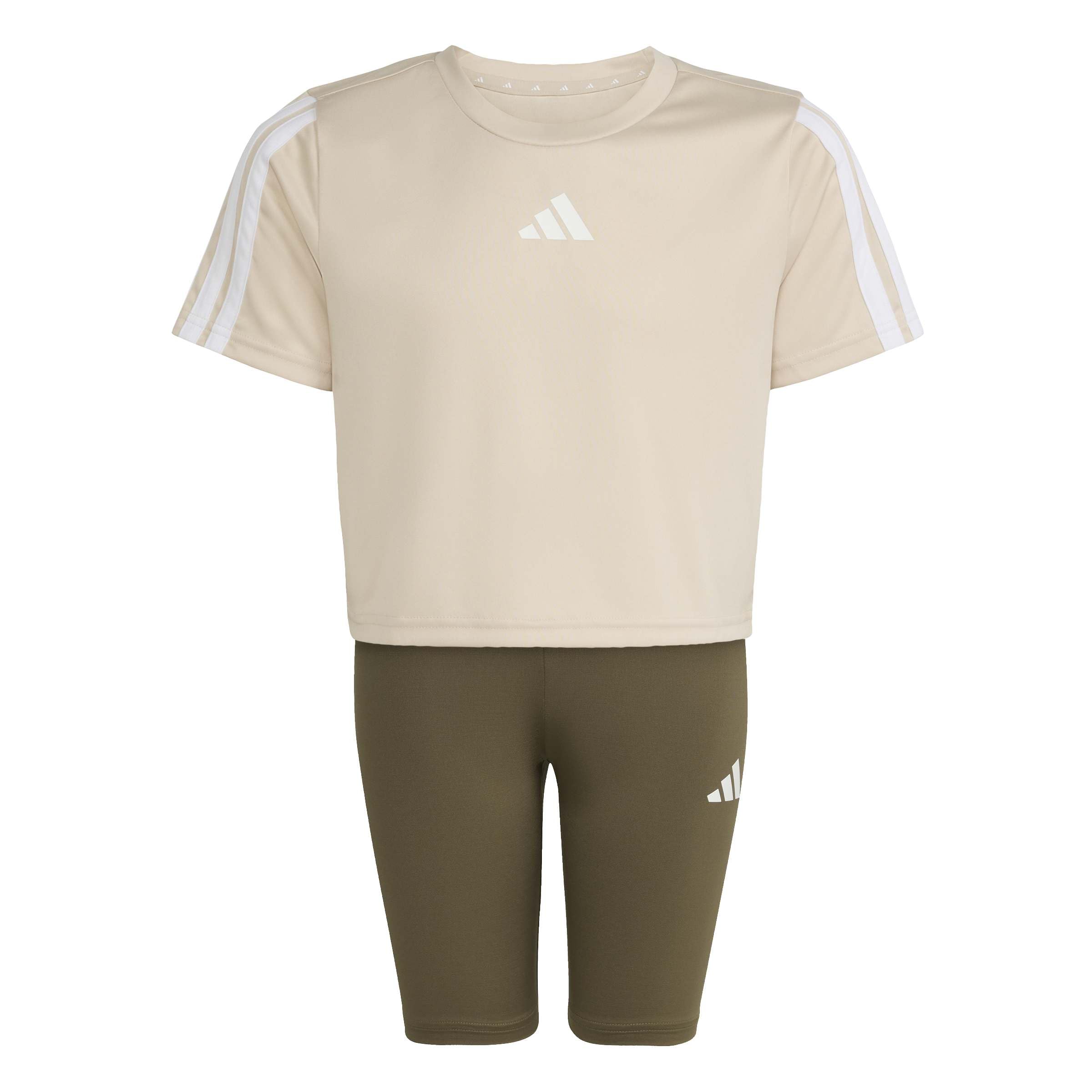 adidas Girl's TRAIN ESSENTIALS 3-STIPES T-SHIRT SET, Crystal Linen/white, 7-8 Years