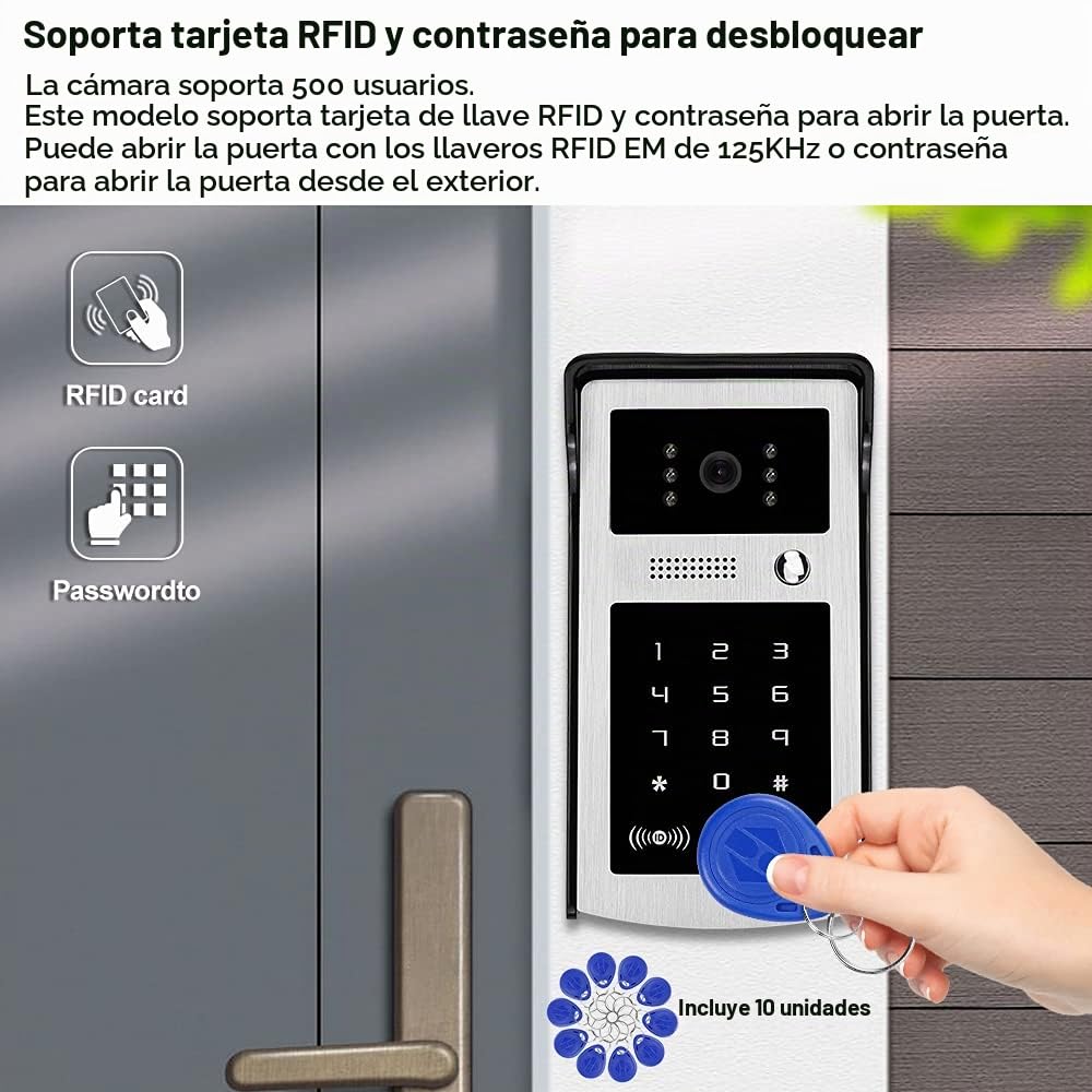 7" Color con Cable Videoportero Teléfono RFID Cámara de Video Timbre Sistema de Intercomunicación para el Hogar Apartamentos Tarjeta de Soporte Desbloqueo de Contraseña