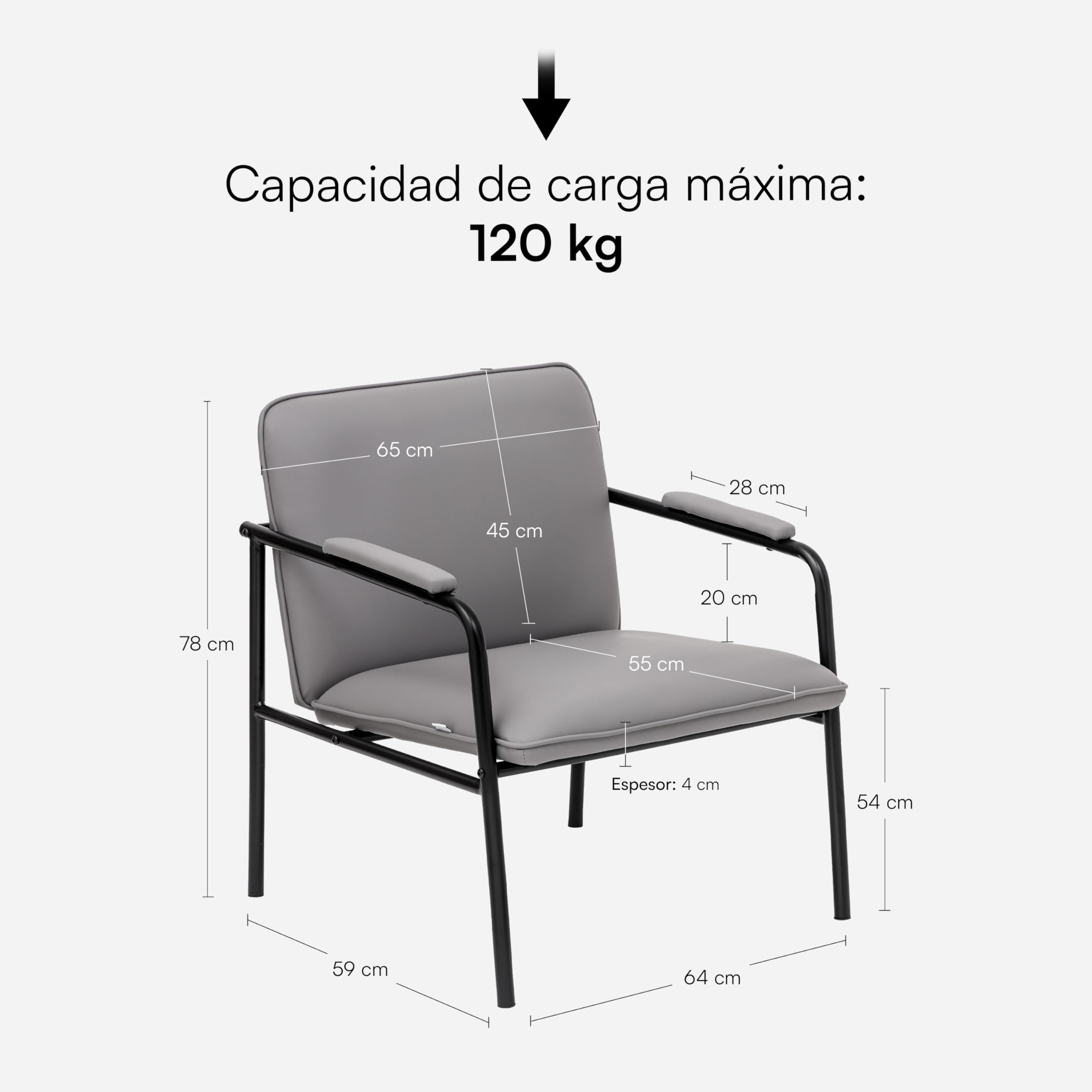 Baroni Home Sillón de Piel Sintética con Estructura de Hierro Diseño Vintage, Asiento Relax para Salón, Dormitorio, Oficina, 78x59x64 cm (Gris)