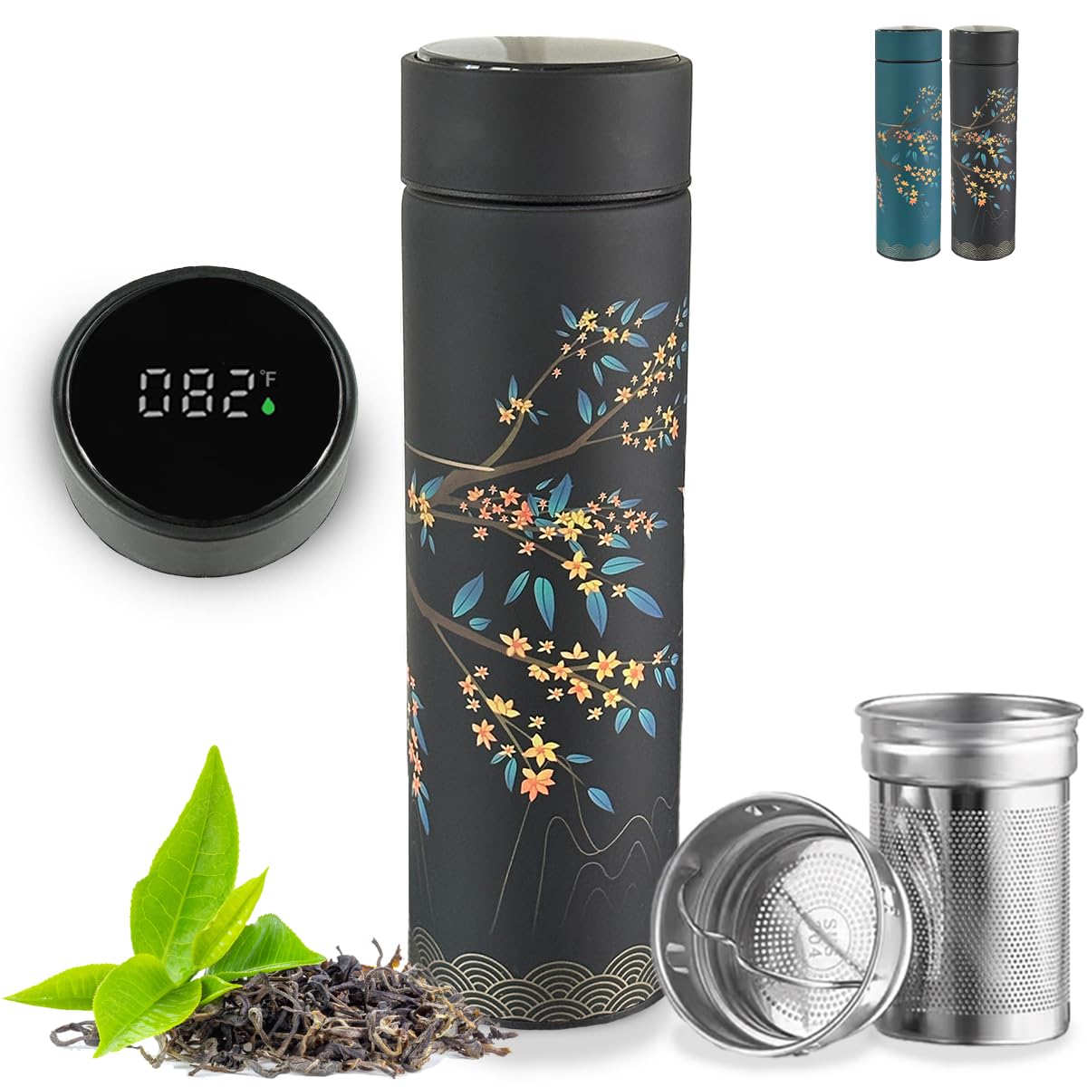 Farasi Tea Infuser for Loose Leaf Tea Smart Water Bottle with Fahrenheit Temperature Display, Stainless Steel, Insulated Coffee and Fruit Tea Infuser Bottle - Floral Tea Mug 15 oz: Black