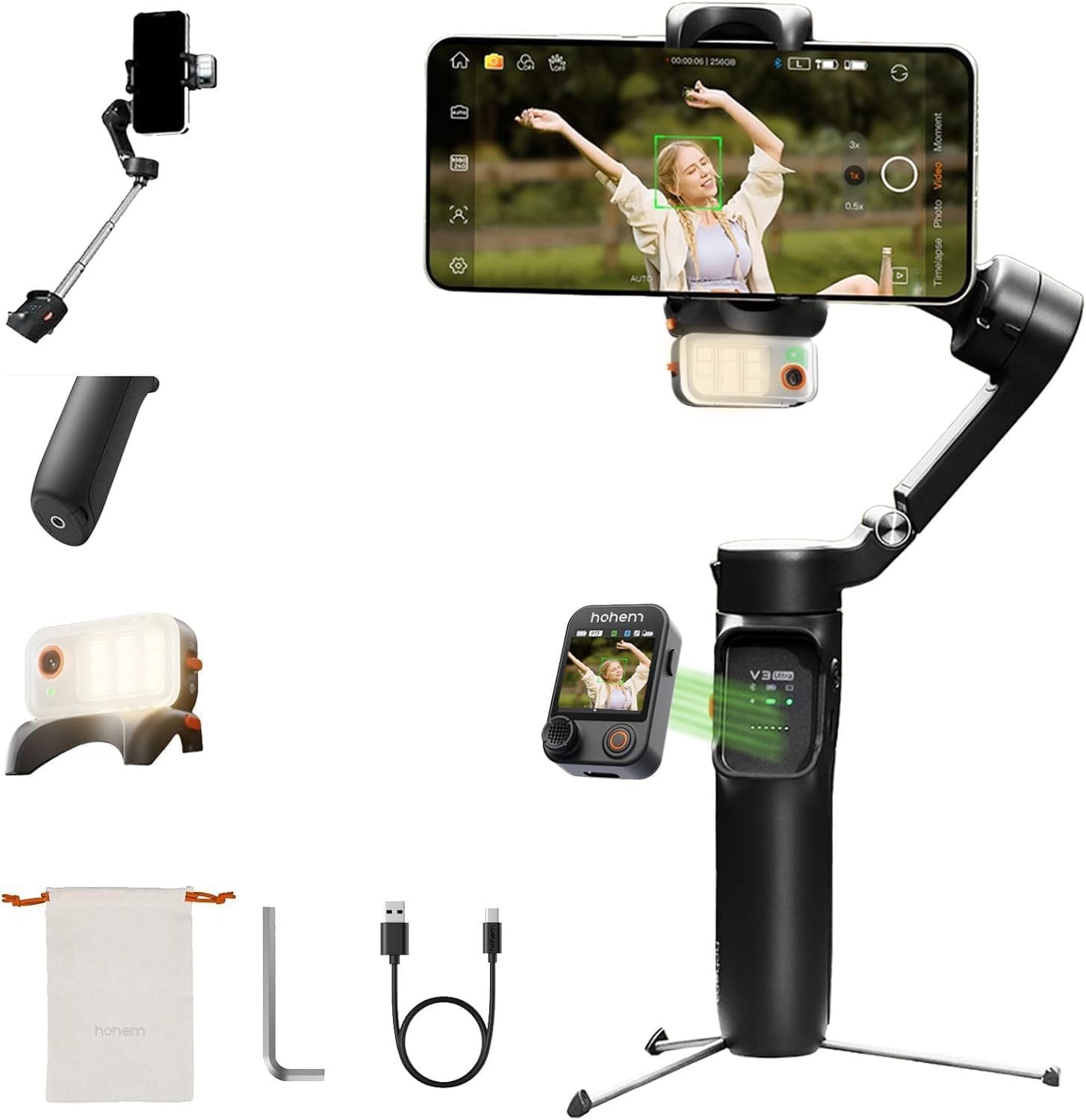 Hohem iSteady V3 Ultra Stabilizzatore per Smartphone, Follow AI a 360° | Controllo a Gesture,Telecomando Rimovibile con Schermo Touch da 1,22'', Asta di Estensione e Treppiede Gimbal per Vlog TikTok