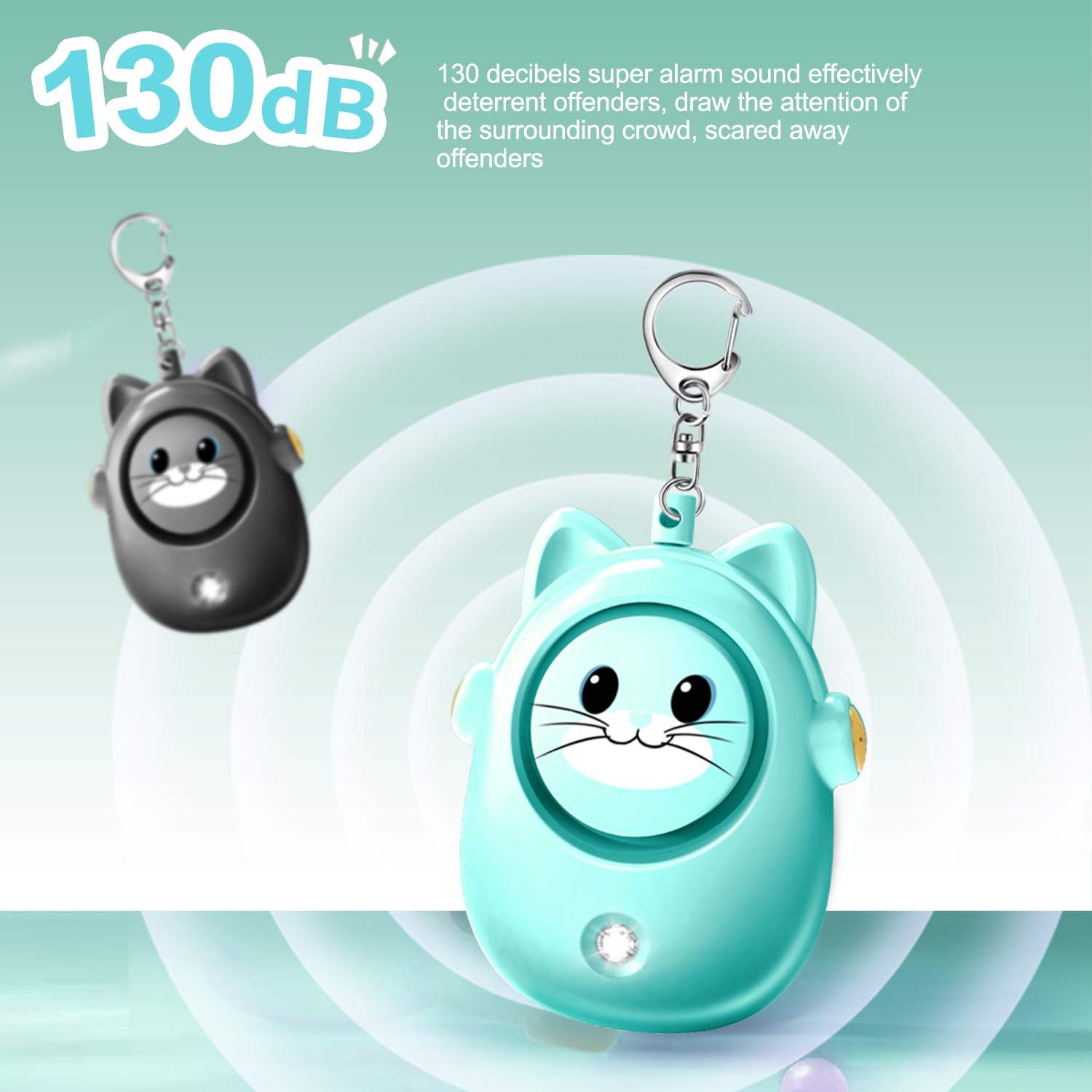 Portachiavi con allarme di sicurezza personale, sirena da 130 dB, luce a LED, grazioso design a forma di gatto, dispositivo di sicurezza per donne, bambini, anziani