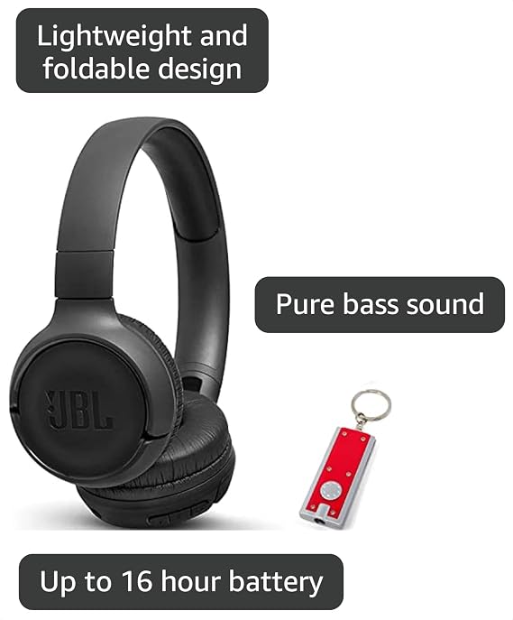 JBL Tune 500BT - On-Ear Wireless Bluetooth Headphones, Includes LED Flashlight Key Chain Bonus (Black) (JBL TUNE 500BT + LED)