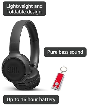 JBL Tune 500BT - On-Ear Wireless Bluetooth Headphones, Includes LED Flashlight Key Chain Bonus (Black) (JBL TUNE 500BT + LED)