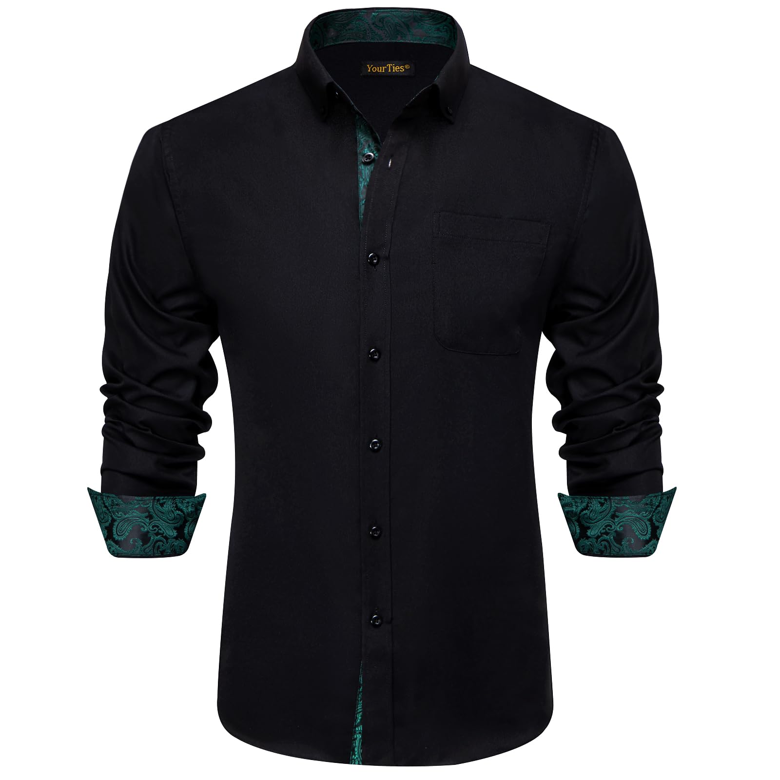YourTies Camicia da uomo a maniche lunghe con motivo cachemire a contrasto interno e bottoni, stile casual, formale, per feste di nozze