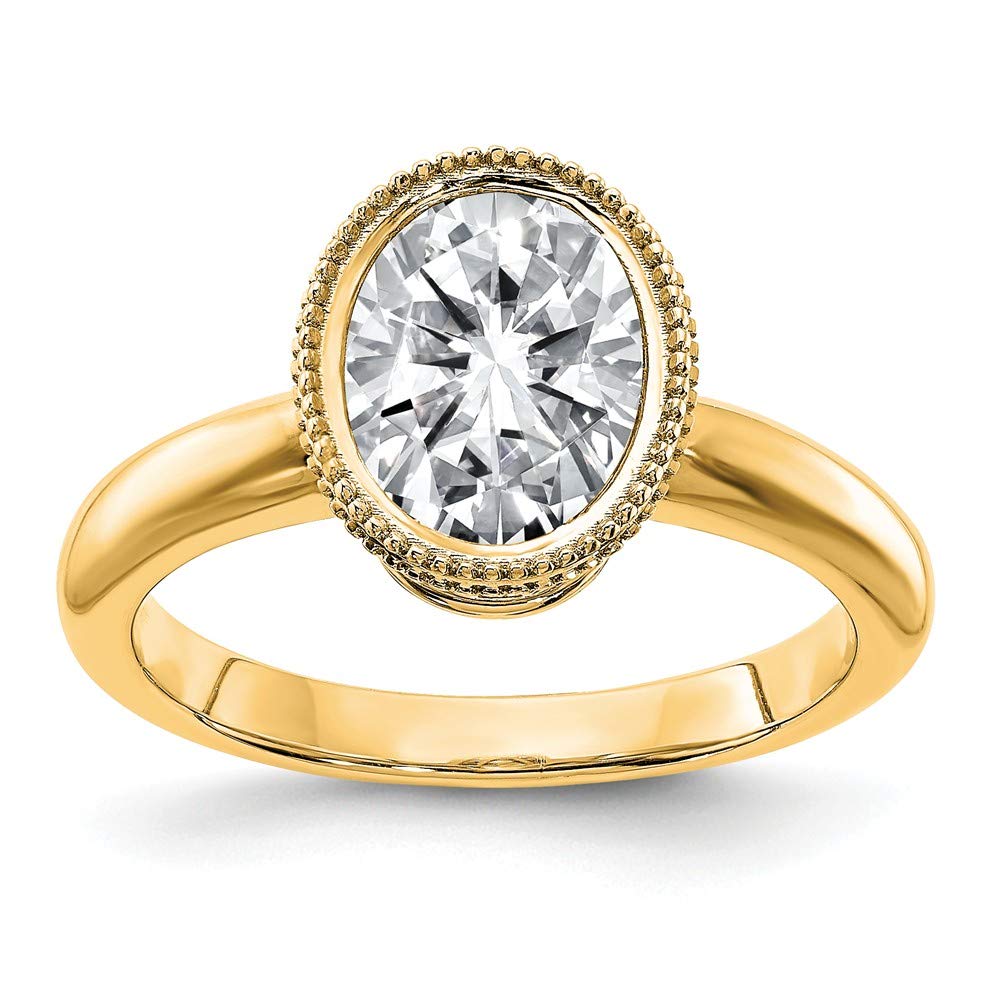 14k Yellow Gold Solitaire .9ct. Oval Beaded Bezel Moissanite Engagement Ring