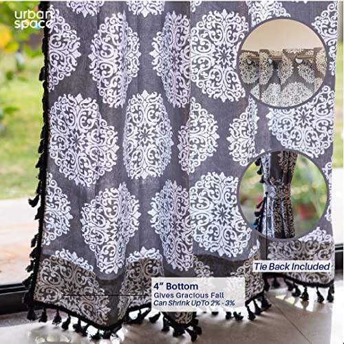 Image of Urban Space Boho Decorative Curtains for Window, 100% Cotton Curtain 5 Feet Long, Set of 1 Curtains with Tassels, 60-65% Room Darkening Curtain with Tieback and Eyelets (Mandala Grey, 5 Feet)