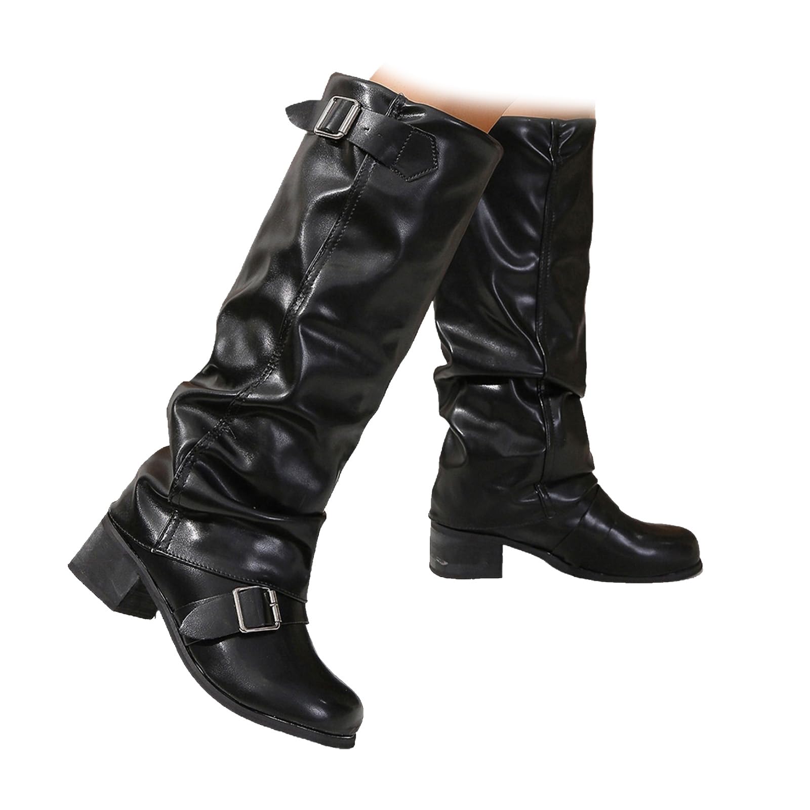 Fashion Leather Boots Handcrafted Western Cowboy Boots Round Toe Chunky Heel Pleated Fold Over Mid Calf Boot